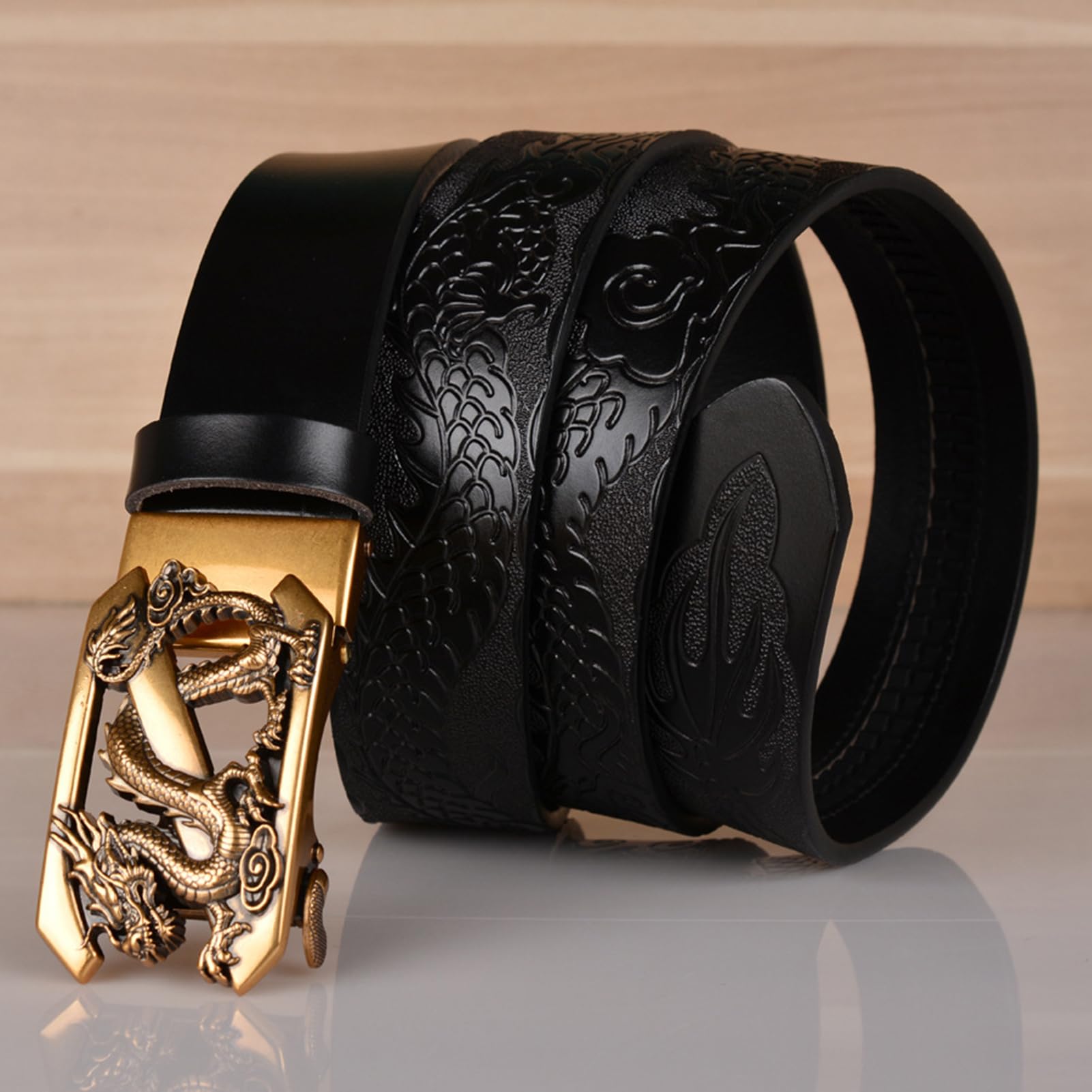 Cinturón De Cuero Con Trinquete Deslizante, Dragón Grabado En Relieve, Hebilla Automática Ajustable, Estilo Informal Neutro, Cintura 110 Cm/37", Negro