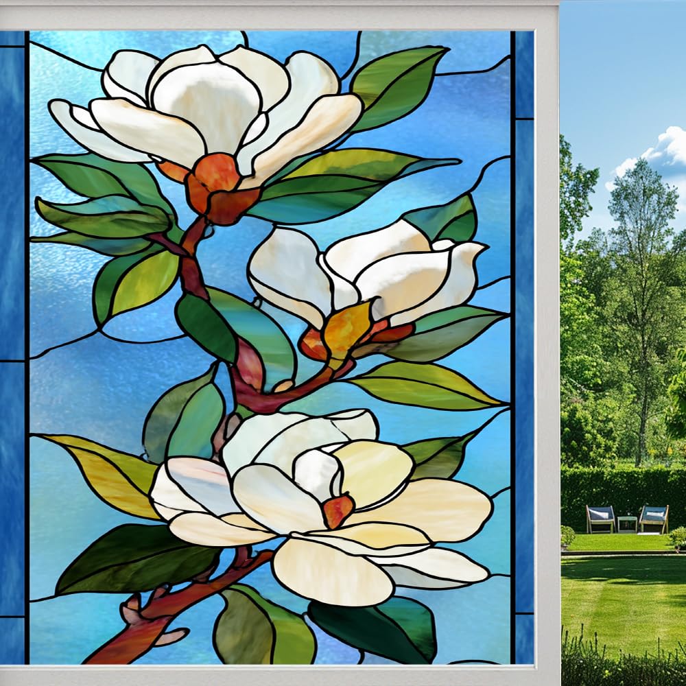Pmlbaous Modern Flowers Stained Glass Window Film, Magnolia Natural Plants Peel And Stick Privacy Film, Frosted Adhesive Vinyl Decorative For Bathroom Windows Glass Doors, （80X140cm）