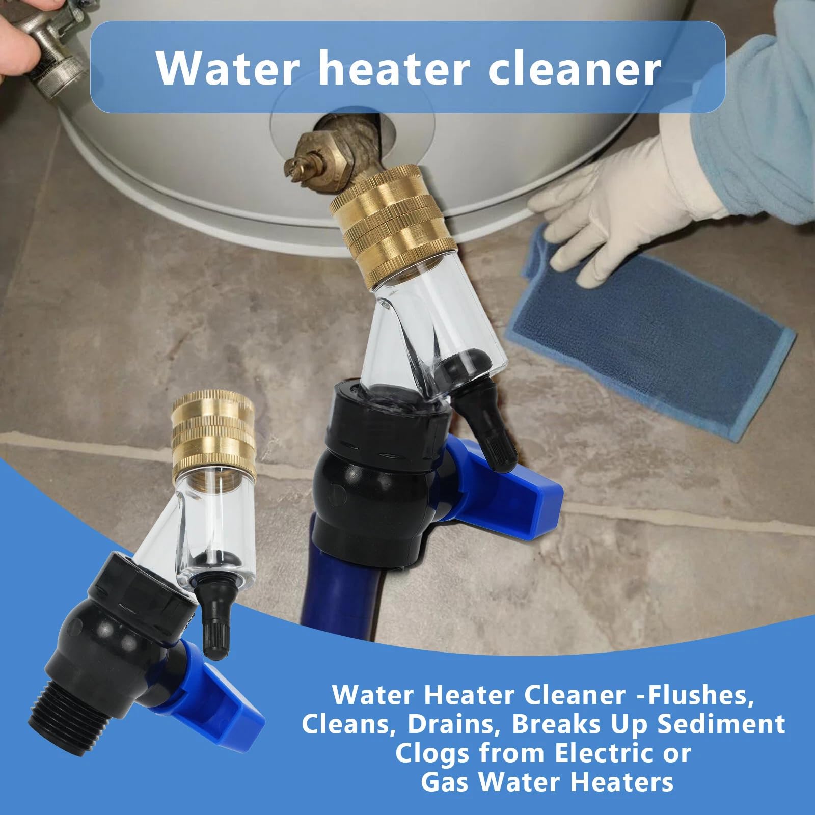 Water Heater Cleaner Flush Valve with Brass Connector and Clear Filter Chamber, Blue Handle, Sediment Drain Tool for Electric and Gas Water Heaters — view 5