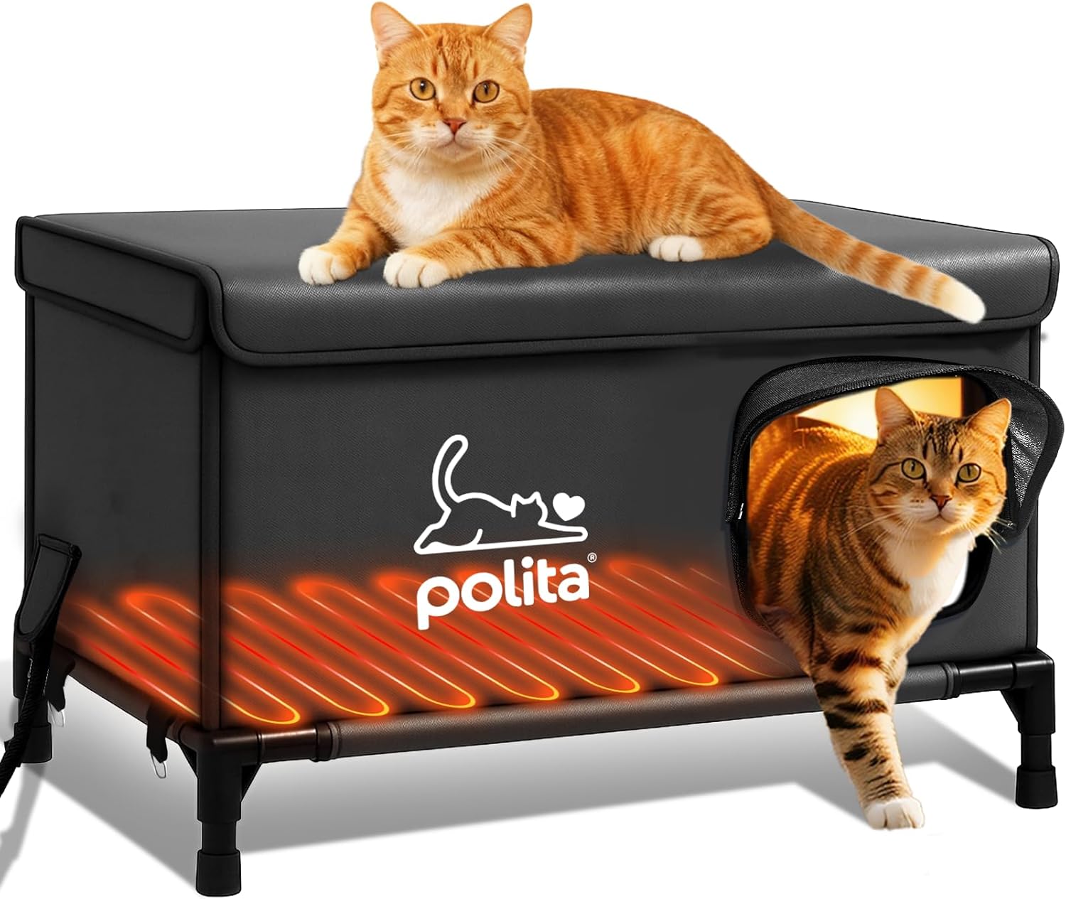 Rugged Heated Cat House for Outdoor Cats in Winter, Extremely Insulated & 100% Weatherproof, Elevated Feral Cat Shelter with Waterproof Eaves & Safe Escape Door for Stray & Barn Cats?? Dark Gray M