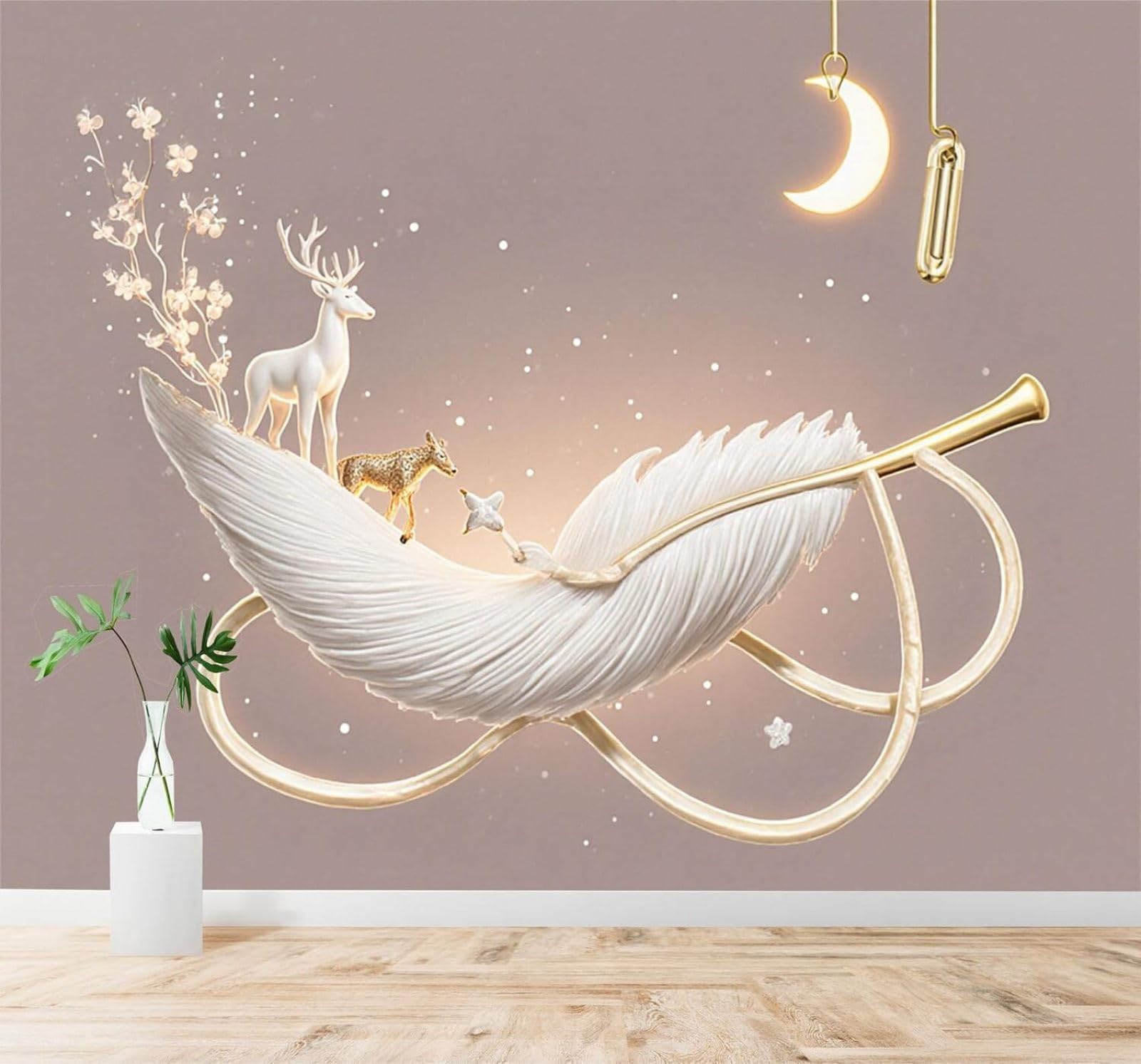 XLMING Creative Fawn Feathers Moonlight Flowers 3D Wallpaper Premium Textured Silk Study Dining Living Room Bedroom Sofa TV Wall Easy Install-250cm×170cm