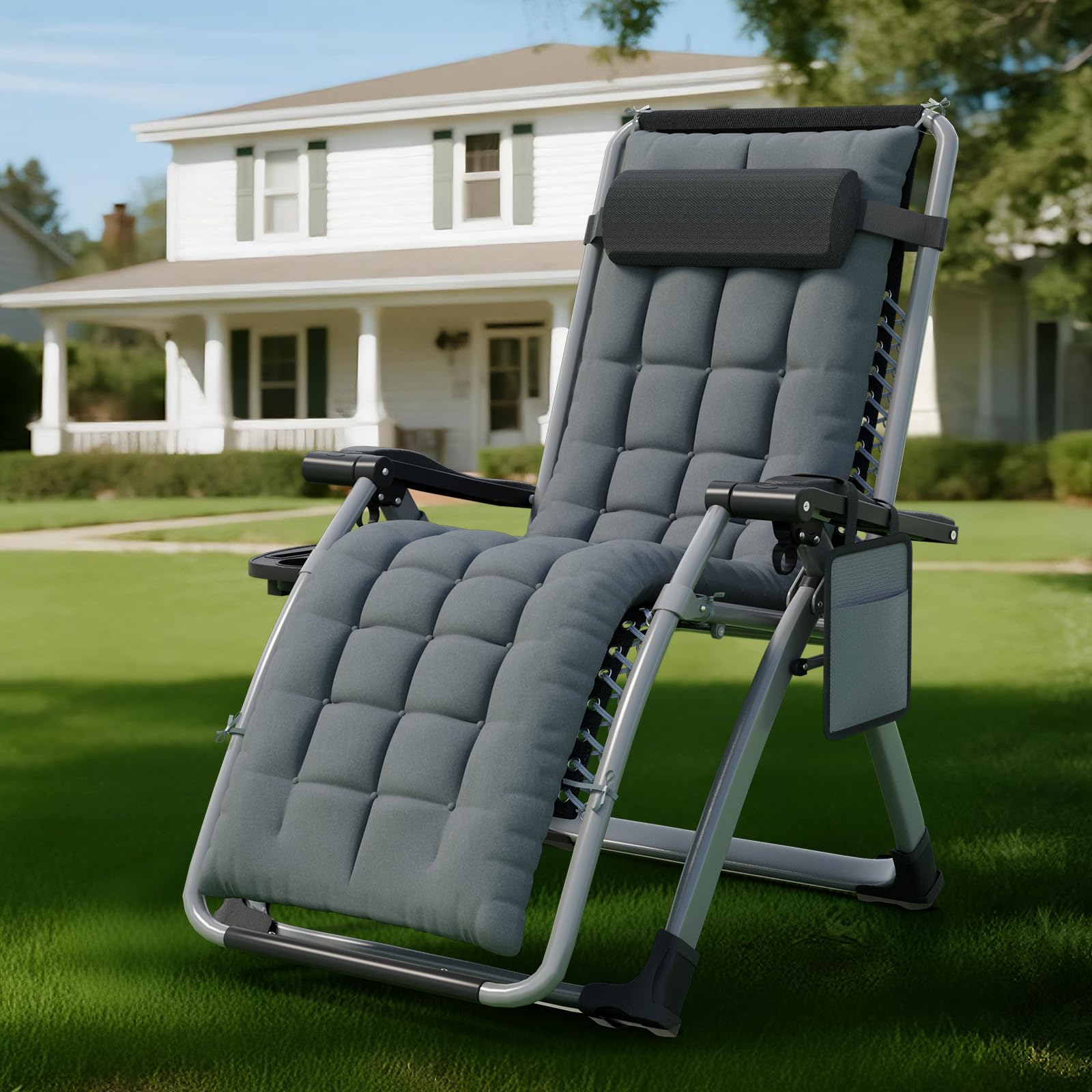 Huracan Liegestuhl klappbar bis 200kg, Sonnenliege Gartenliege wetterfest Balkon, Garten & Terrasse, Sonnenstuhl Outdoor Relaxliege verstellbar mit dickem Polster, liegesessel Nackenkissen (Grau)