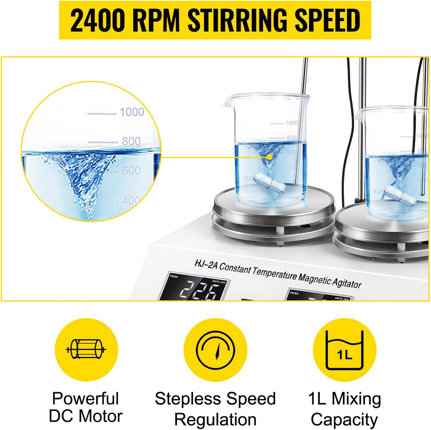 Hotplate Magnetic Stirrer with Dual Control, 2 Heads Magnetic Stirrer, 2L Capacity 2400 RPM Speed Digital Lab Stirrer with Stir Bar Retriever
