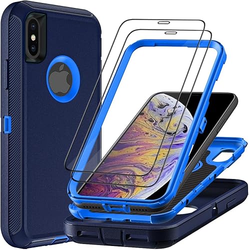 Funda para iPhone XiPhone Xs con 2 protectores de pantalla de vidrio templado, grado militar 3 en 1, resistente a prueba de golpes, caídas y polvo