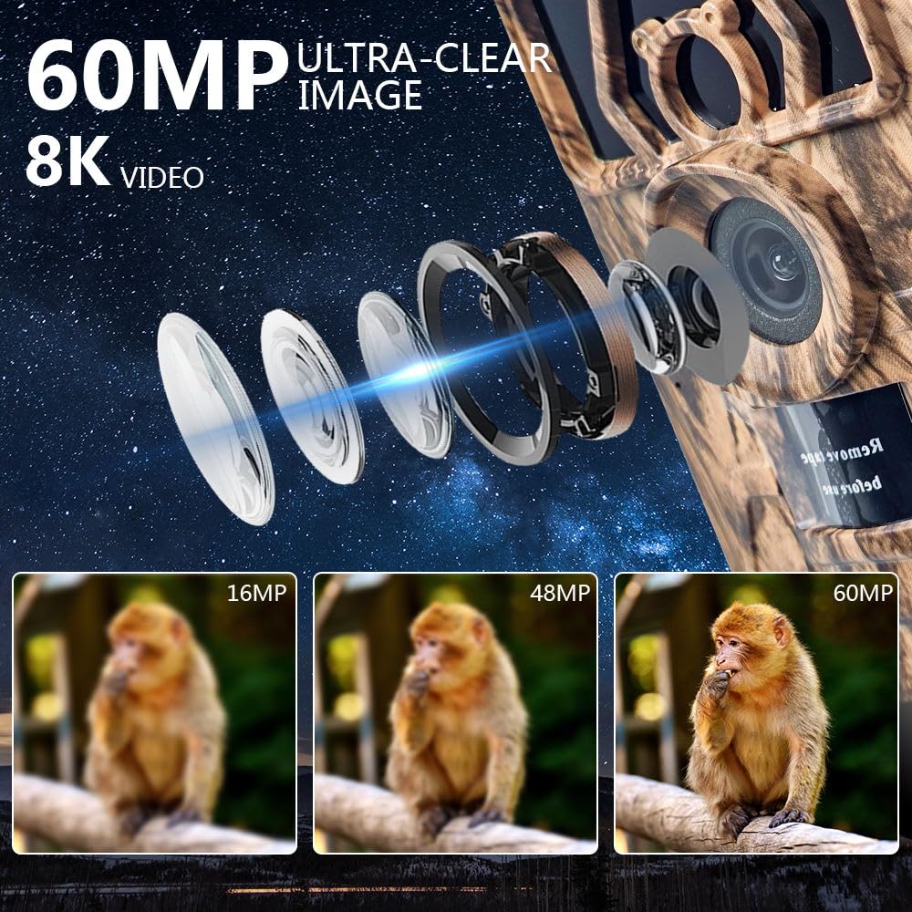 Caméra de chasse WiFi 8K 60MP avec vision nocturne et carte SD 32 Go, activée par le mouvement, étanche IP67, portée de 30,5 m, grand angle de 120°, 42 LED infrarouges sans lumière