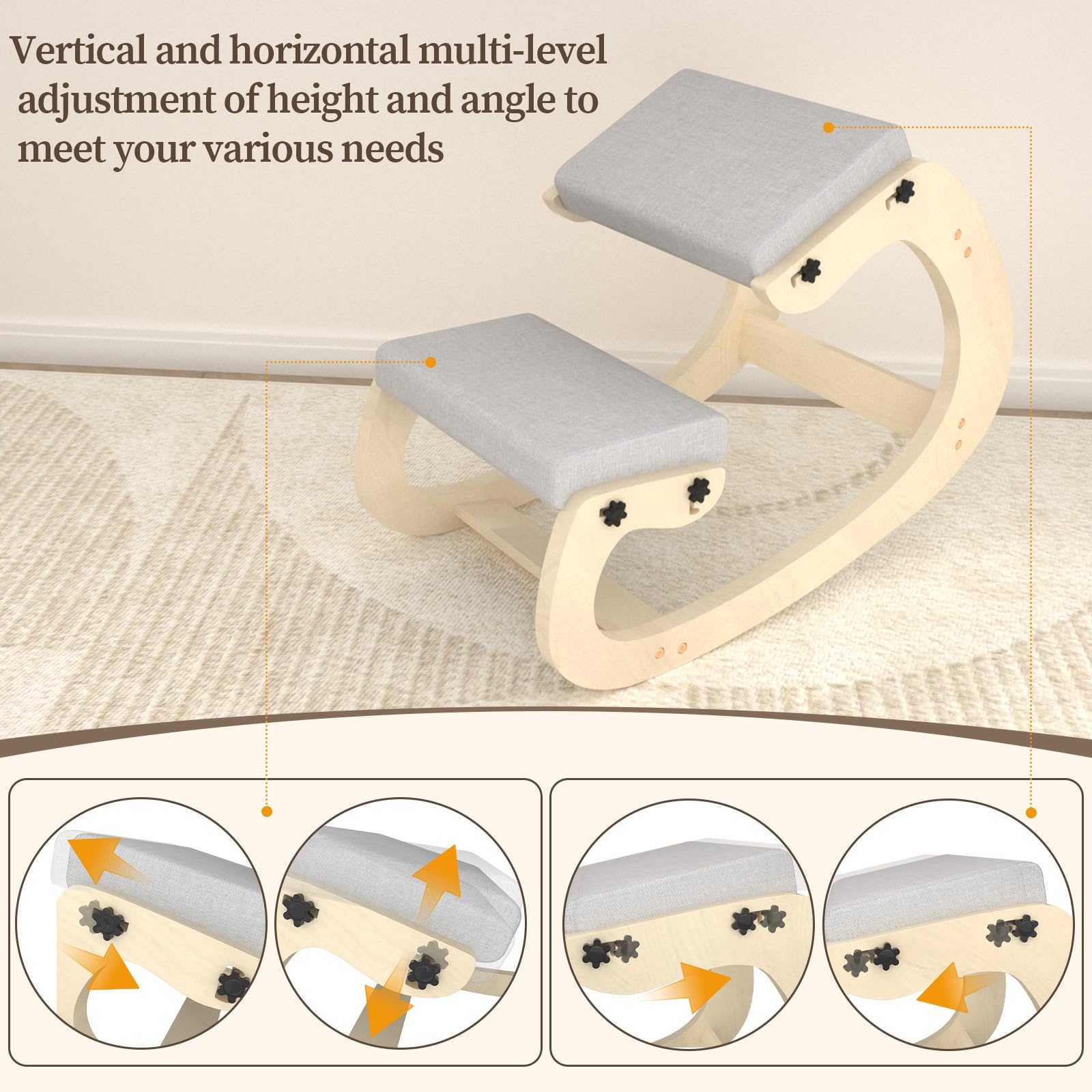 Ergonomischer Kniestuhl mit Schaukelbasis aus Holz – Höhenverstellbarer Haltungstrainer mit dickem Sitzkissen und weicher Knierolle, ideal fürs Homeoffice & gegen Rückenschmerzen