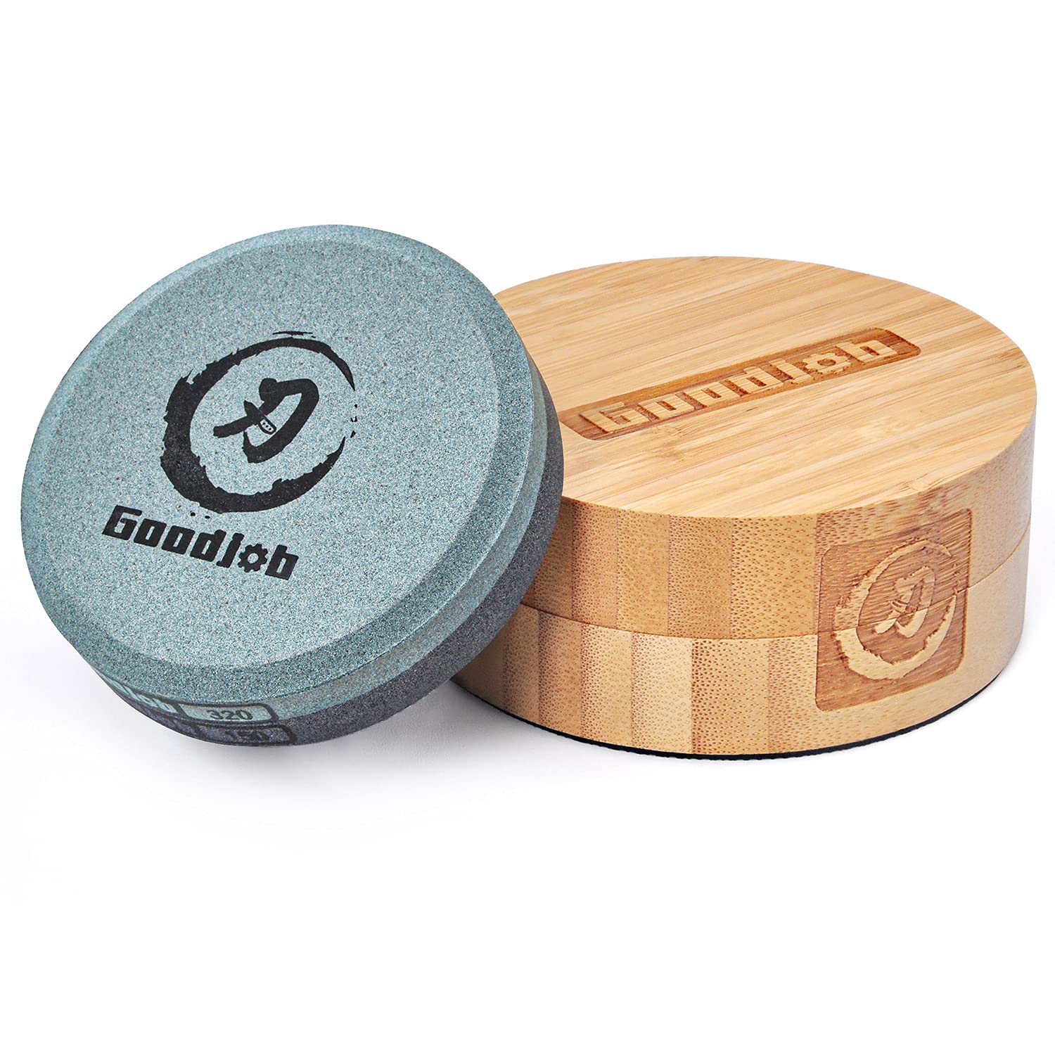 goodjob Axe Sharpener - Premium Japanese Axe Sharpening Stone - Hatchet Sharpener Dual Grit Round Whetstone 4.0 inches Blade & Tool Sharpener - Axe Sharpening Puck with Bamboo Box