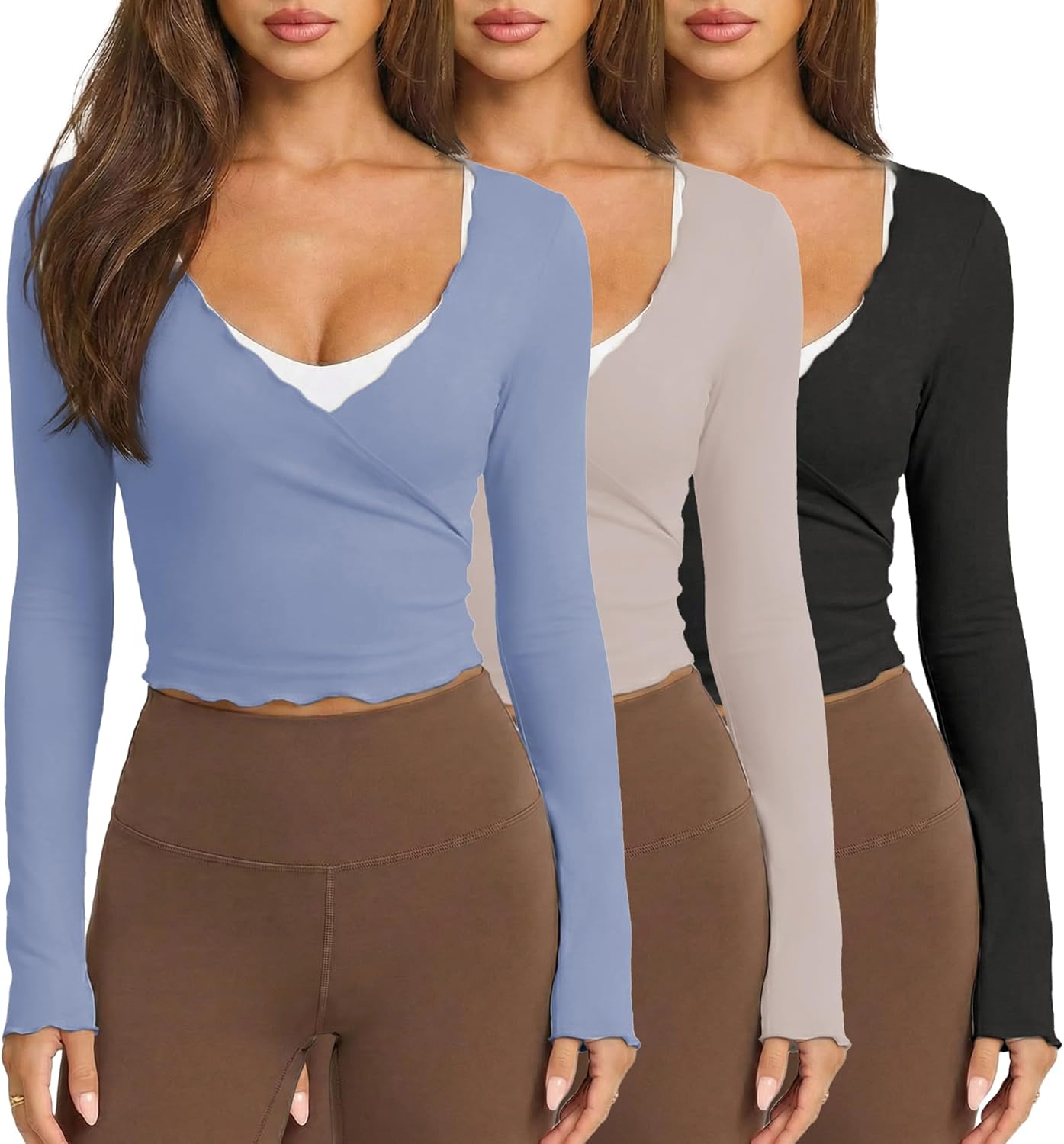 Womens Ballet Wrap Tops Cropped Long Sleeve Self Tie Front Shirt Y2K Workout Yoga Pilates Dance Cover Up Blouse