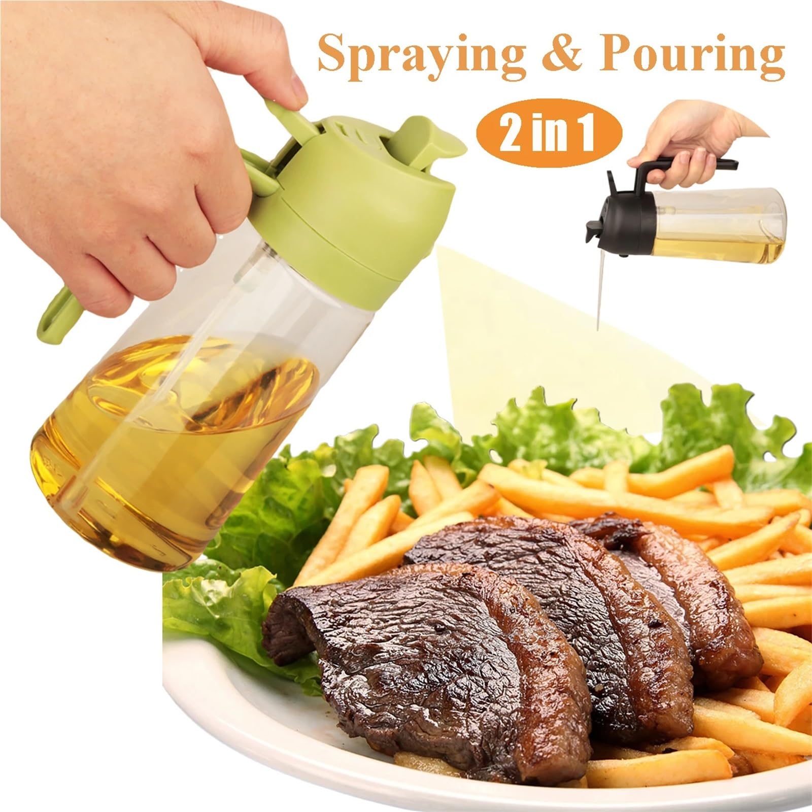 Distributeur d'huile, Bouteille Distributrice D'huile for, 3 Pièces De 16oz, 2 En 1 Et Pulvérisateur, Spray 450ml Pour pour friteuse à air, salade(Yellow)