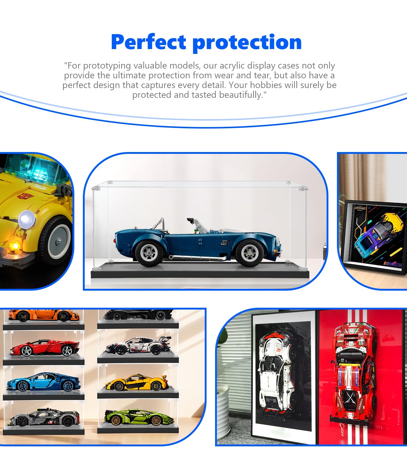 Vitrine en acrylique pour Lego Creator Shelby Cobra 427 S/C 10357 - Rangement anti-poussière - Dimensions : 35 x 20 x 15 cm (boîtier d'affichage uniquement, pas pour le modèle Lego inclus)