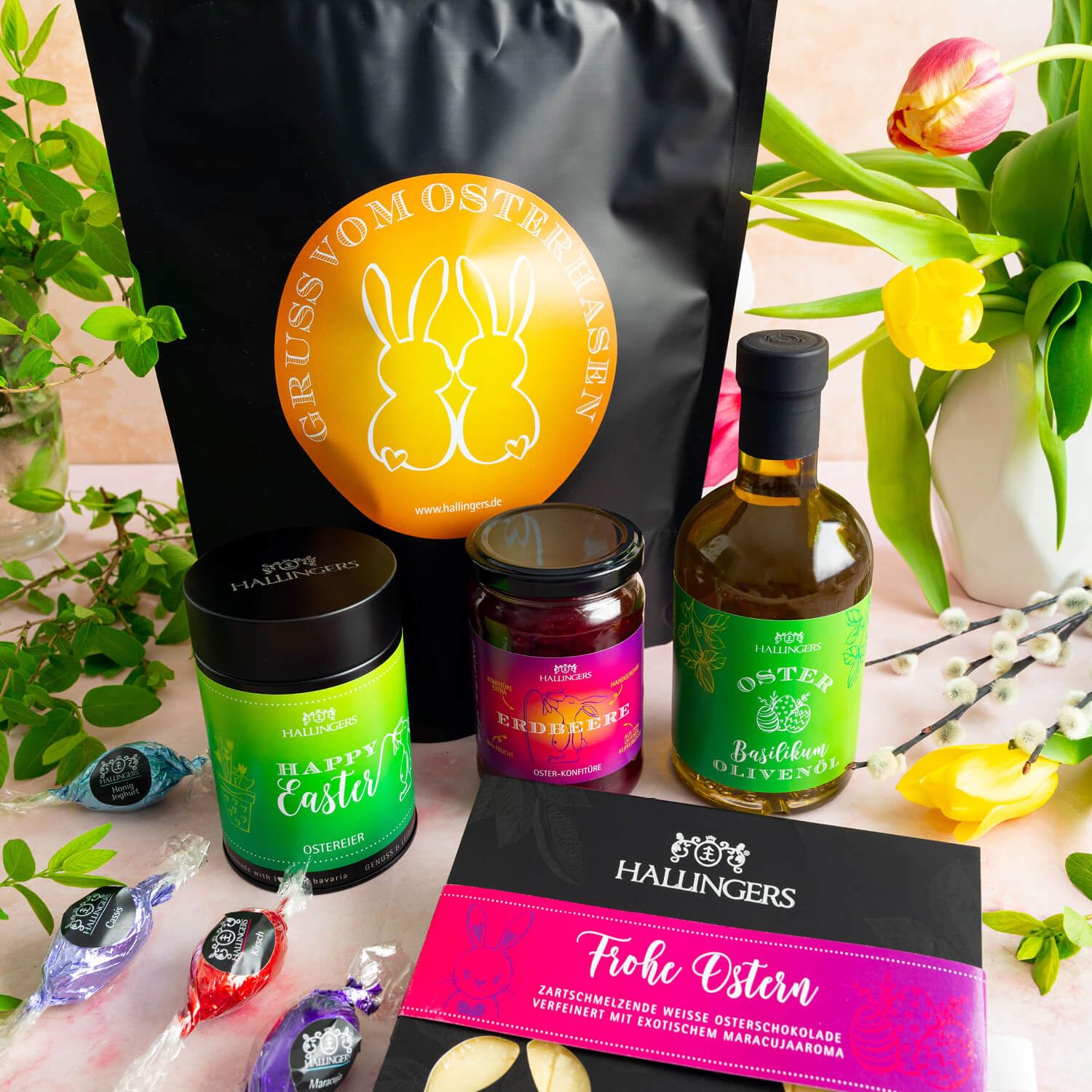 Hallingers Genuss Manufaktur Feinkost Oster-Geschenk-Set - XXL-Wundertüte "Gruß vom Osterh..." großes Osternest Pralinen-Ostereier, Ostertafel, Konfitüre & Olivenöl, Ostern Körbchen für Frauen Männer