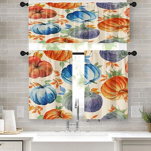 Miniatura 8 de Cortinas de cocina de hojas de otoño, juego de cenefa y nivel, 36 pulgadas, hojas de arce naranja, bolsillo para barra, cortina de niveles cortos