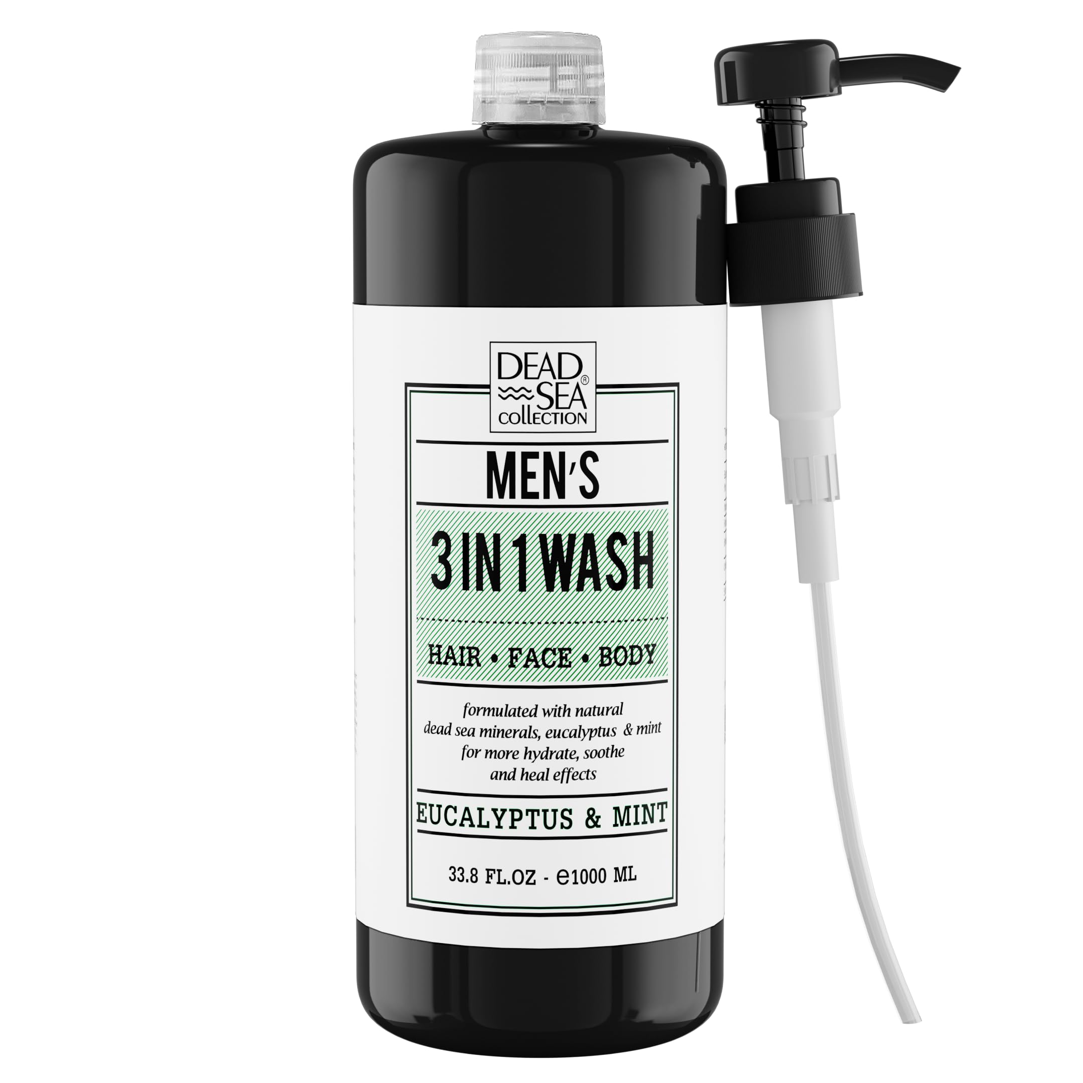 Dead Sea Collection Mens Shower Gel 3 in 1 with Eucalyptus & Mint - Body Wash with Dead Sea Salt, Shampoo for Men, Face Wash (1000 ml.)