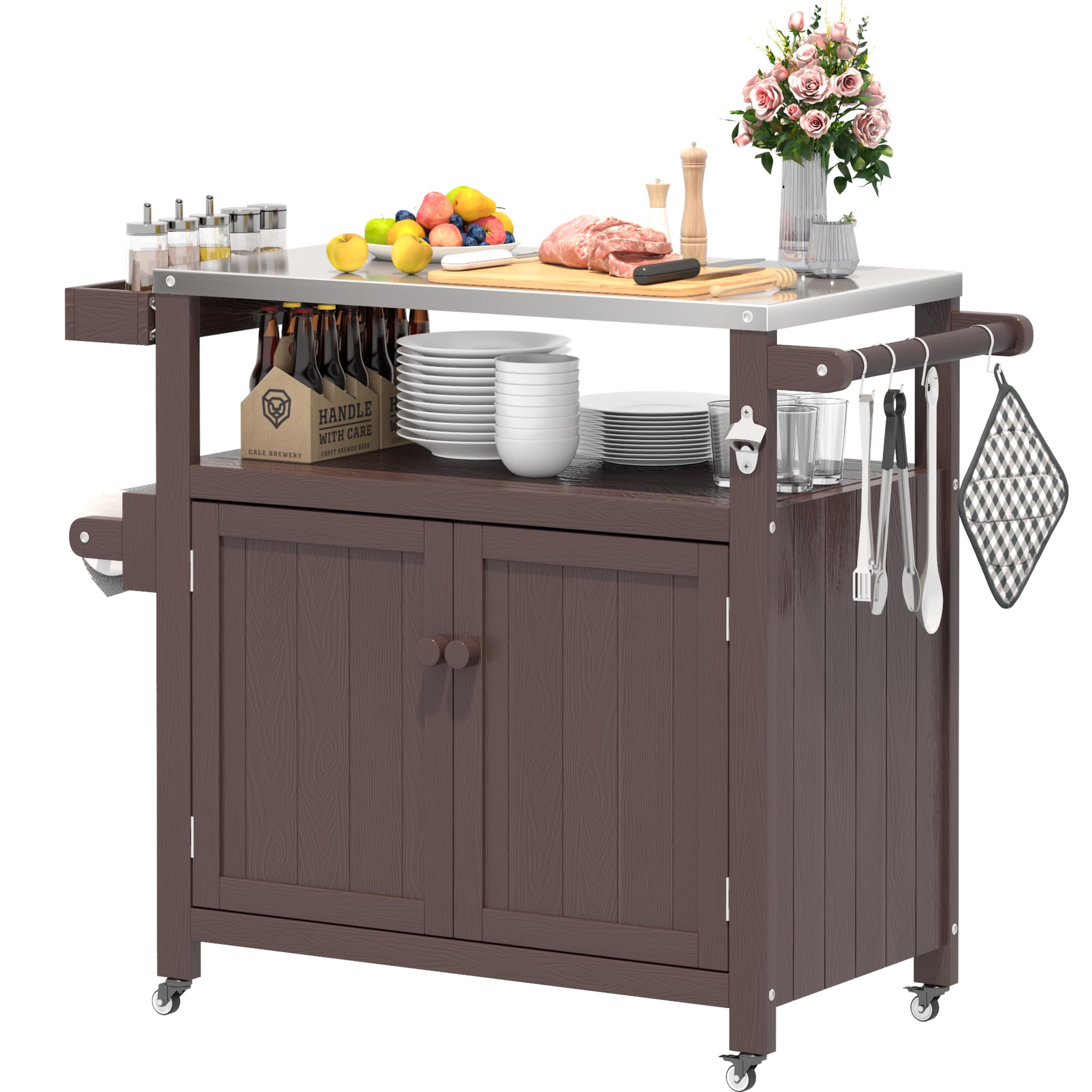 Carrito de Parrilla para Exteriores con Cubierta de Acero Inoxidable, Carrito de jardín Hips Resistente a la Intemperie, Isla de Cocina portátil con Ruedas, Ganchos y Estante Lateral