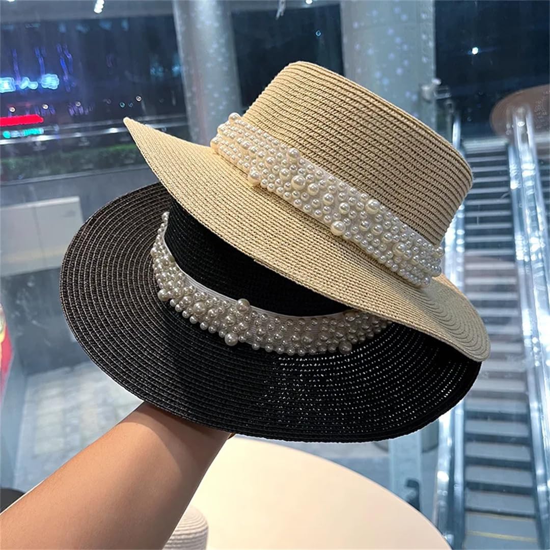 Yeuyyben Cappello da donna alla moda da spiaggia, cappello piatto in paglia, decorazione estiva per protezione solare