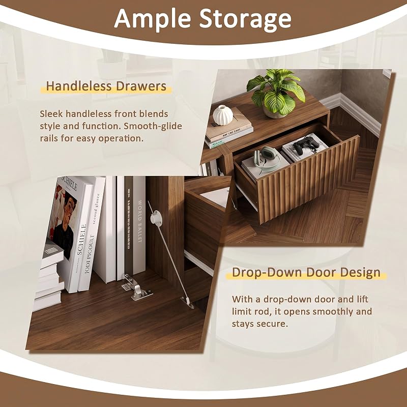 98" TV Stands for Living Room, Fluted Entertainment Center, Walnut image 4