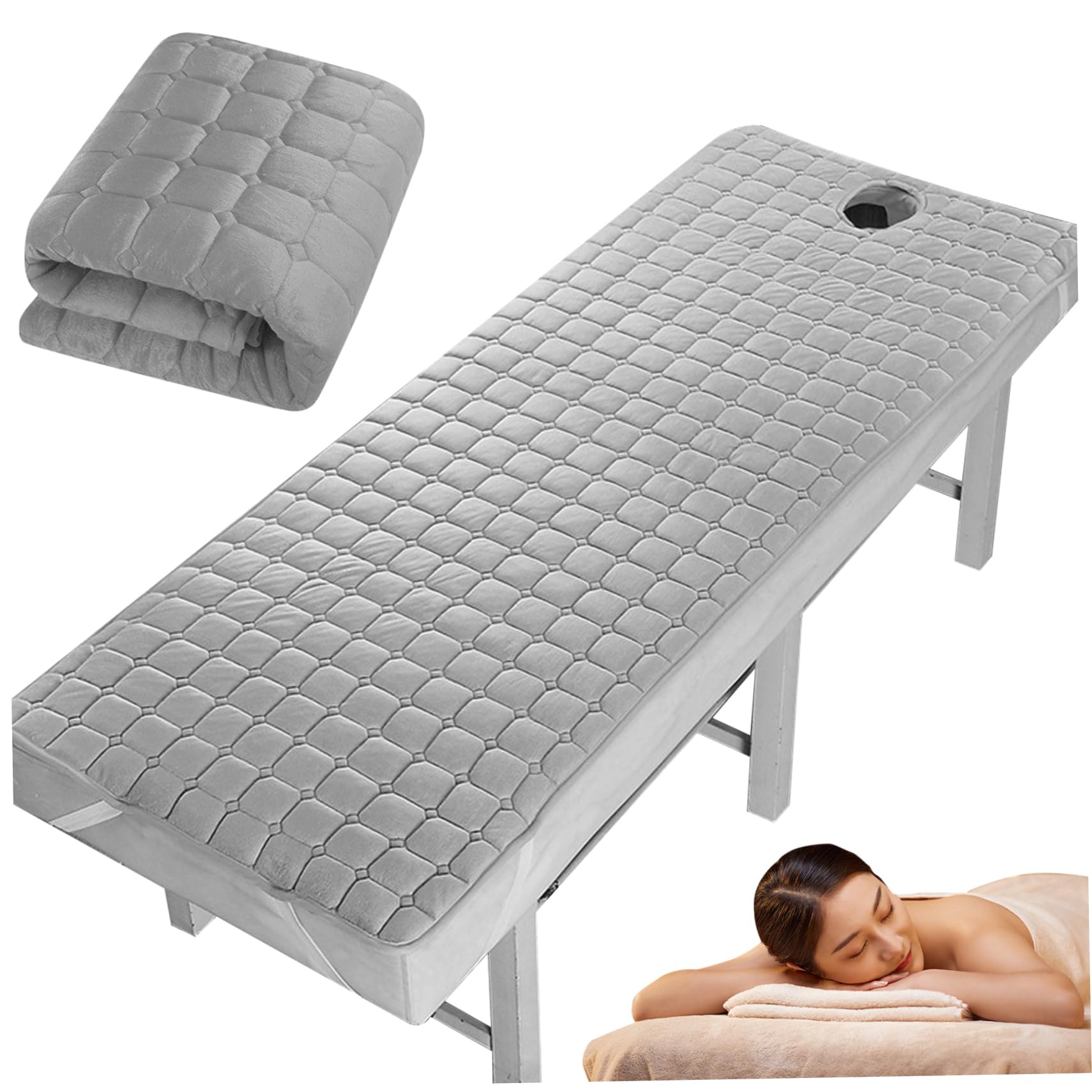 Cuscino per lettino da massaggio con foro, topper in schiuma per letto ciglia, 80 x 190 cm, fogli antiscivolo, cuscinetto in fibra di poliestere per massaggi, SPA, salone - grigio