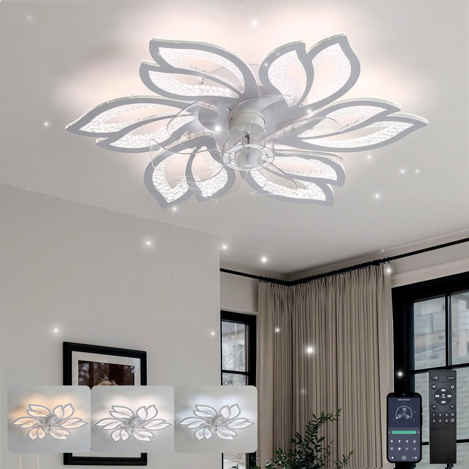 HXYSXHJUO Ceiling Fans with Lights and Remote APP 65CM Modern Leaf Flush Mount Lamps Dimmable LED Quiet Low Profile Smart Fan Light for Bedroom Living Room-White