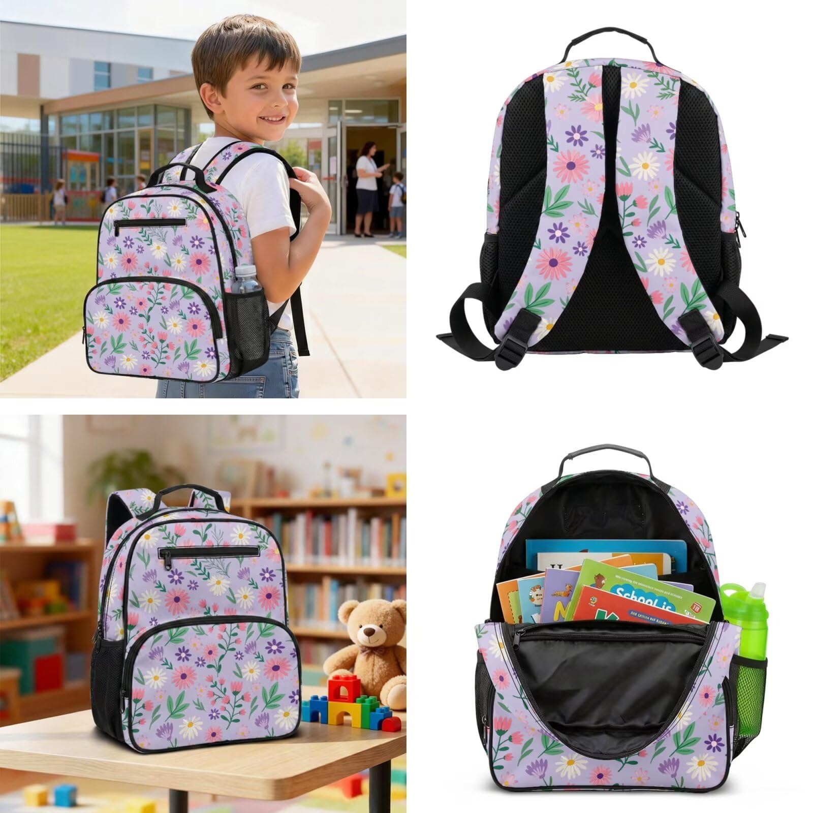 COEQINE Mochila personalizada para niños de 6 a 7 años con fiambrera, mochila escolar preescolar para niñas de 4 a 5 años, Flor morada mixta floral, M, Diseñador