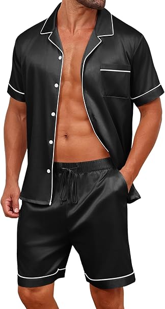 Vssjavun Mens Satin Silk Pajamas Sets Short Sleeve Button-Down Sleepwear Two Piece Loungewear with Pockets