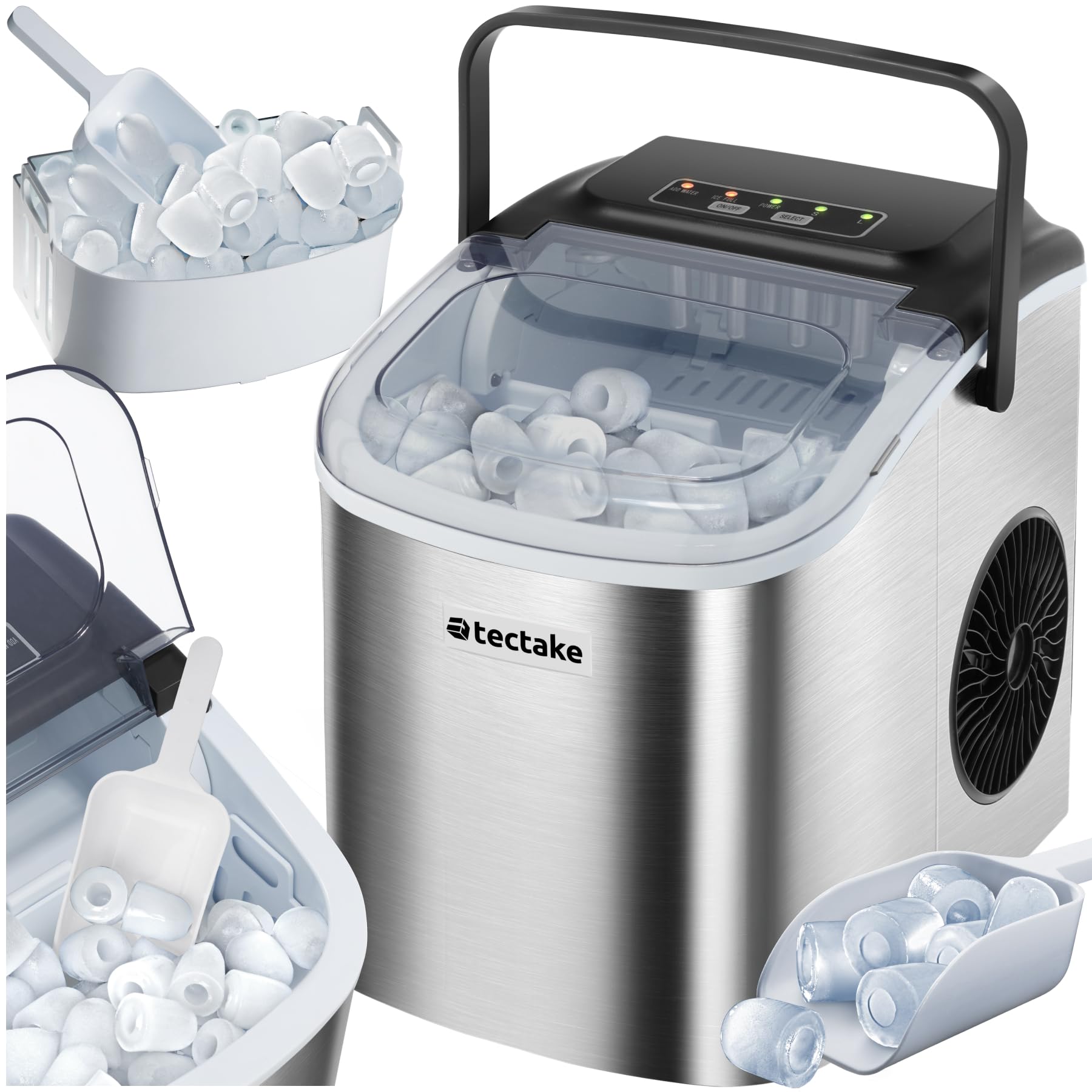 tectake® Eiswürfelmaschine, Ice Maker mit Griff, Eiswürfelbereiter, Maschine bereitet 9 Würfel in 6min, 12kg in 24h, 1,2 l Volumen, 2 Eiswürfelgrößen, selbstreinigend, mit Eisschaufel, Bar - silber
