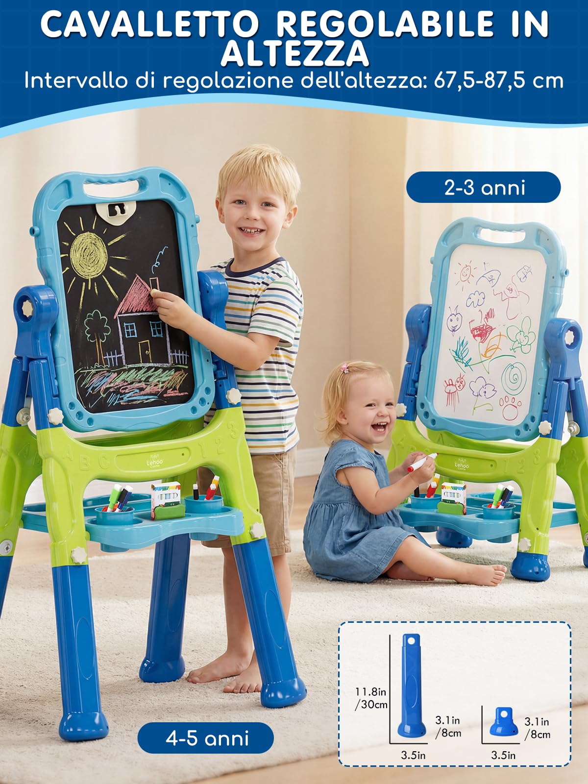 Lehoo Castle Lavagna per Bambini, 4 in 1 Lavagna Magnetica per Bambini, 360° Cavalletto Pitturai Regolabile Altezza, Giocattolo Educativo 3+ Anni(Blu)