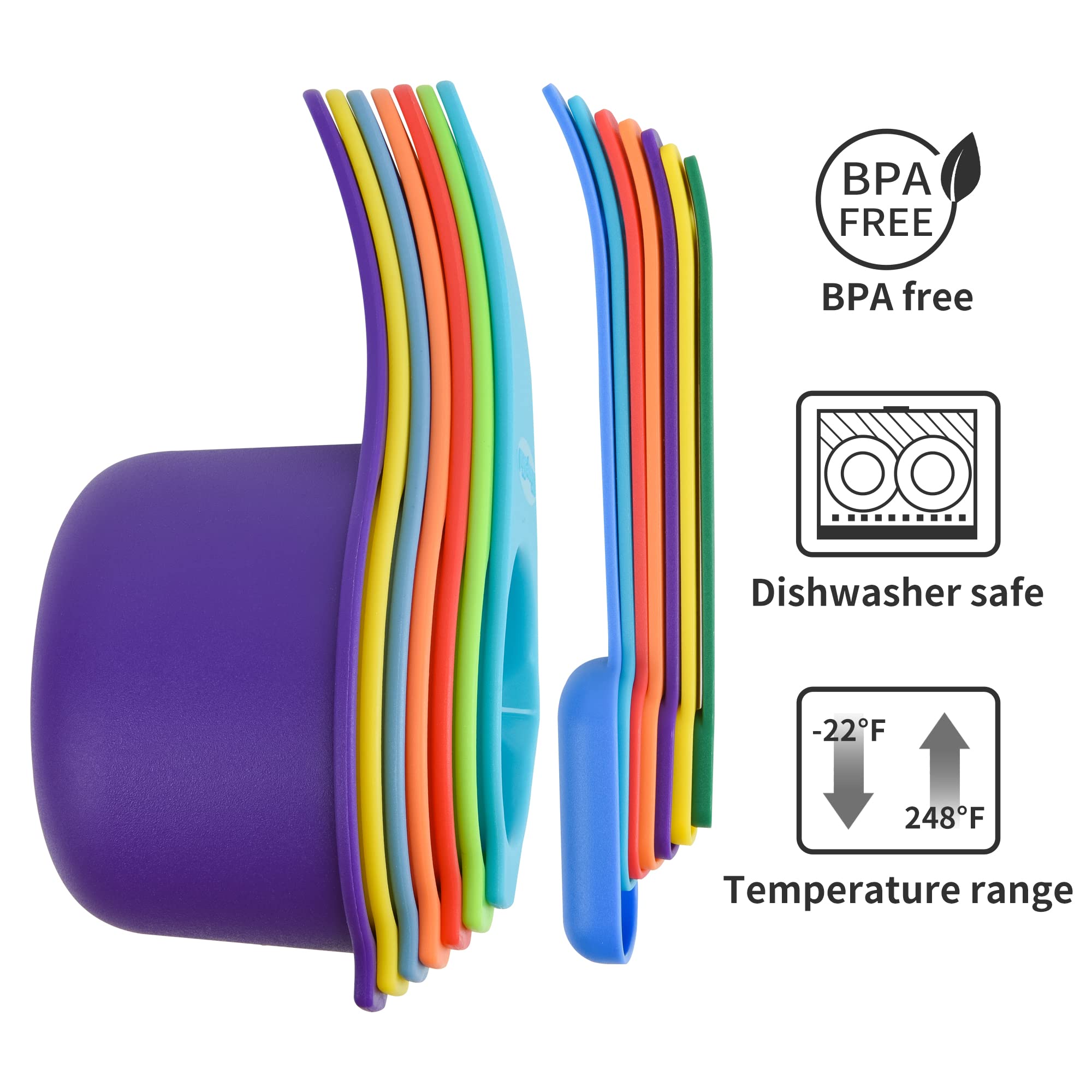 Juego de 15 tazas y cucharas medidoras de plástico, lindas cucharas y tazas medidoras de color para hornear y cocina, juego de herramientas de medición arcoíris con taza medidora de 2/3 y 3/4 tazas 4