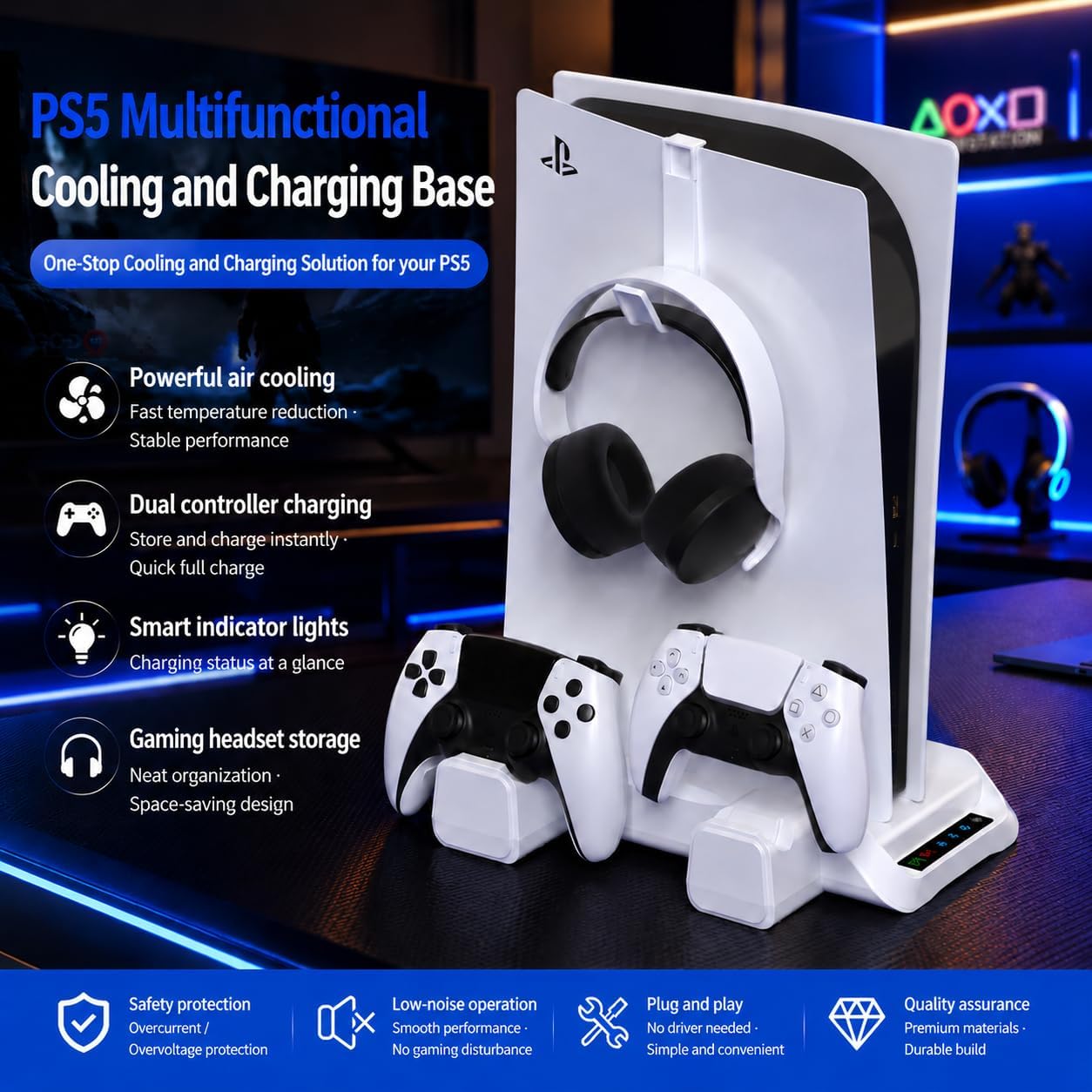 Multifunctional Cooling & Charging Stand with Dual Controller Charger, Headset Holder, LED Indicators & Smart Protection – Compatible with PlayStation 5, PS5, Slim, Pro, Disc, Digital