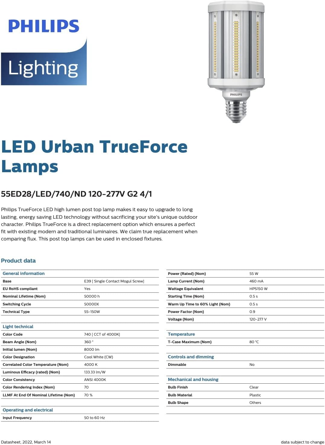 Philips 473645-55ED28/LED/740/ND 120-277V G2 4/1 Omni Directional Flood HID Replacement LED Light Bulb