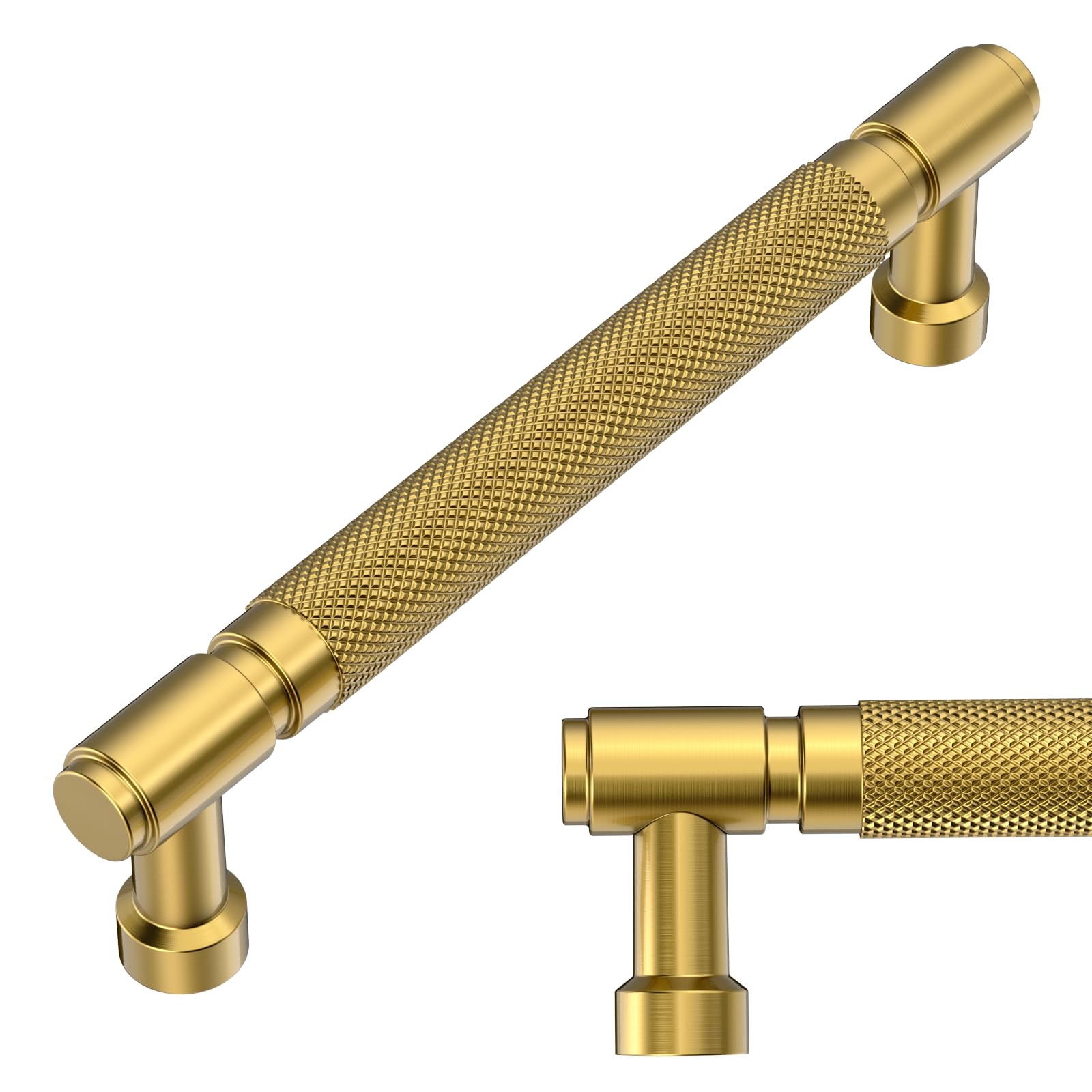 Amerdeco 10 Pack Brushed Moderne Brass Knurled Cabinet Pulls 5 Inch(128mm) Hole Center Drawer Pulls Cabinet Hardware Kitchen Cabinet Handles for Bathroom AM032