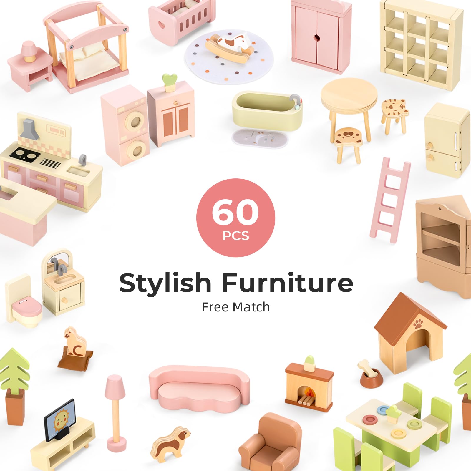 OOOK Puppenhaus Holz, Puppenhaus ab 3 Jahre Mädchen mit 60 Möbel Zubehör, 3-stöckiges Holzpuppenhaus Groß mit 4 Puppen und 2 Haustieren, Wooden Doll House for Girls | 4 Puppen und 2 Haustiere, großes 3-stöckiges Puppenhaus mit 6 Zimmern, Puppenhaus für Mä