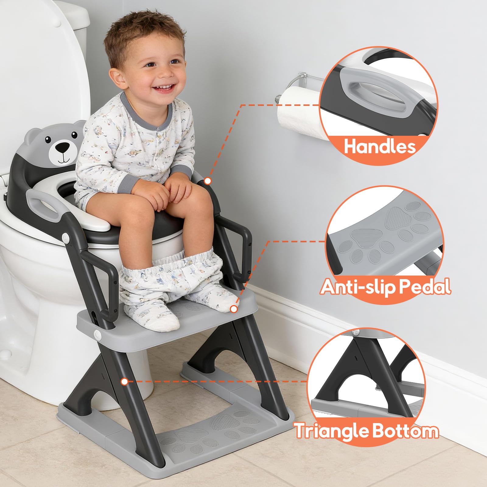 SKYROKU Asiento de inodoro de entrenamiento para ir al baño con taburete y pasamanos de seguridad, asiento de inodoro ajustable y antideslizante para niños y niñas, se adapta a inodoros estándar y