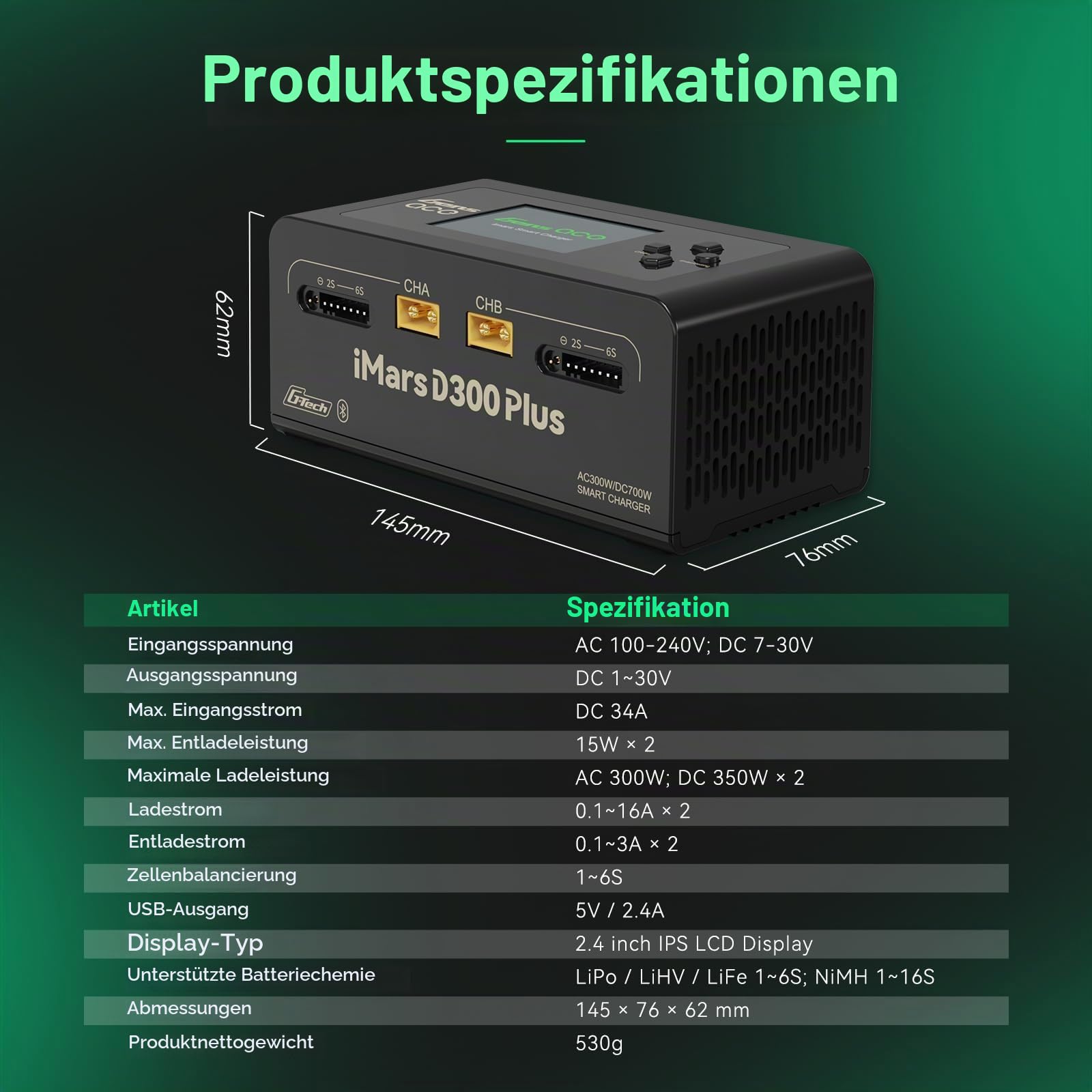 Gens ace iMars D300 Plus Bluetooth Smart Ladegerät, Dual-Channel AC/DC RC Akku Lader, AC 300W / DC 350W×2, max. 16A, für 2–6S LiPo, Schwarz