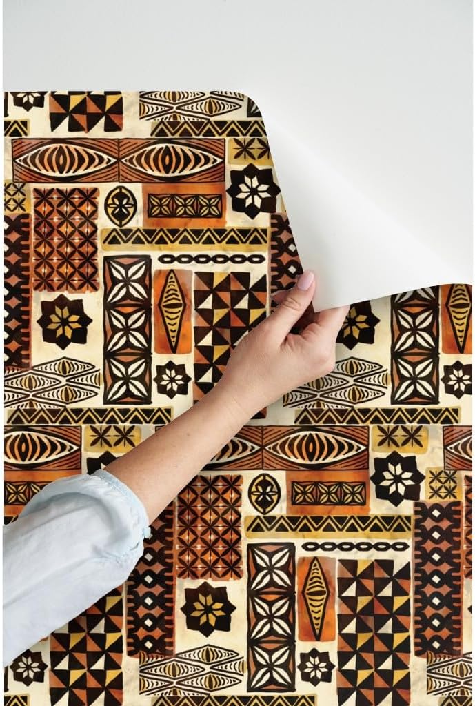 Peel & Stick Wallpaper 3ft x 2ft - Hawaiian Orange Red Yellow Old Rust Antique Polynesian Tiki Custom Removable Wallpaper by Spoonflower