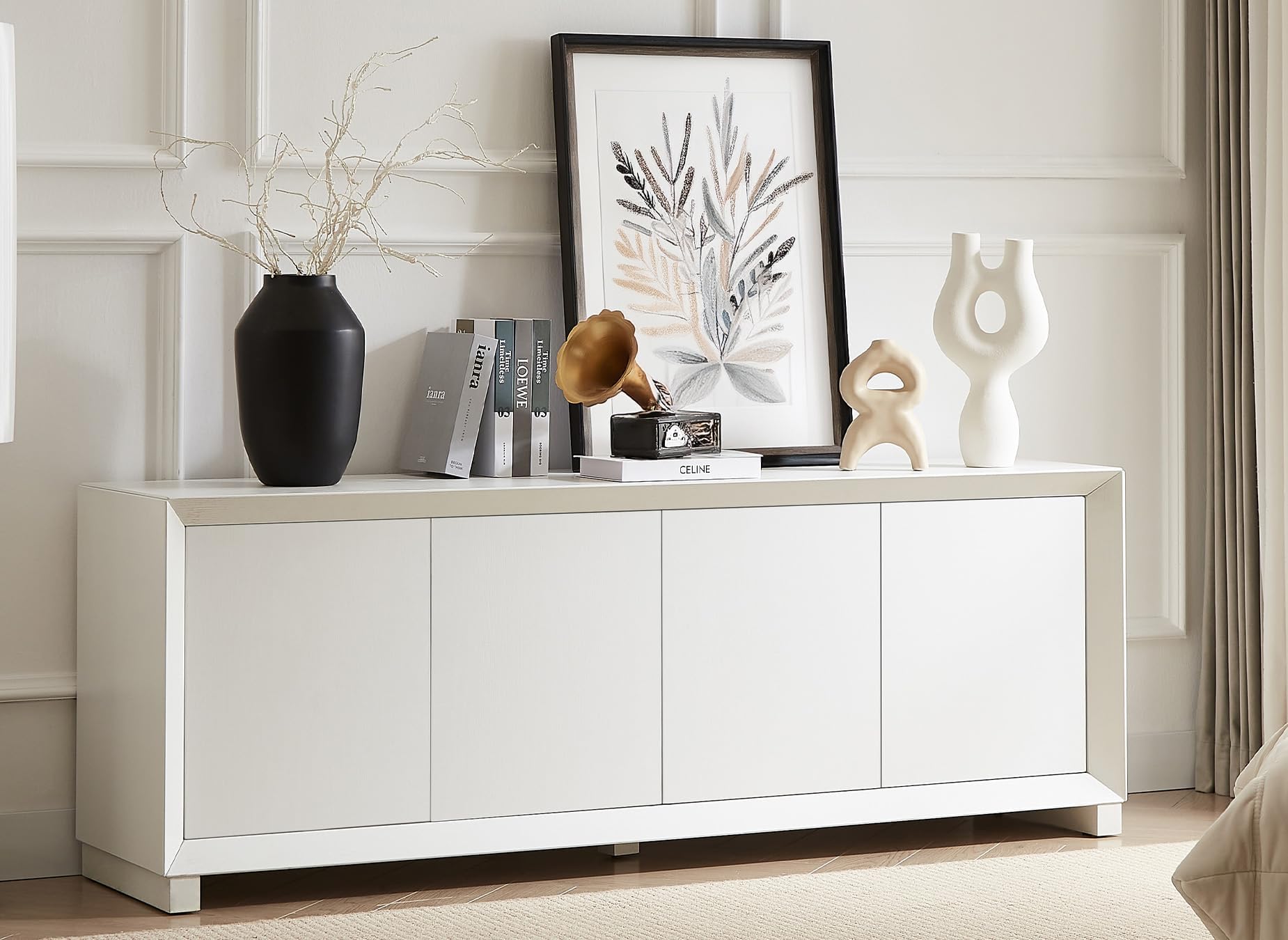 64" Sideboard Buffet Cabinet with Storage, Modern Wooden Storage Cabinet Sideboard Cabinet Console Cabinet with Adjustable Shelves Pressed Spring for Kitchen Living Room (White)