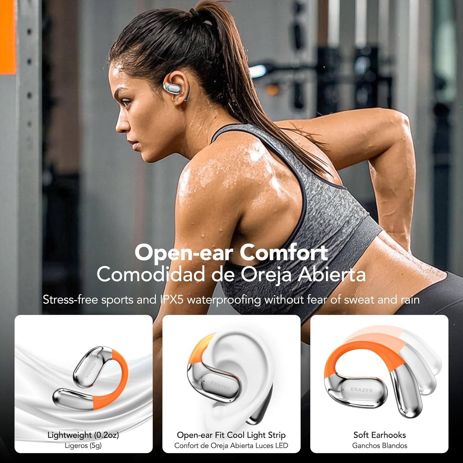 ERAZER XF31 earbuds demonstrating open-ear comfort and IPX5 waterproofing.