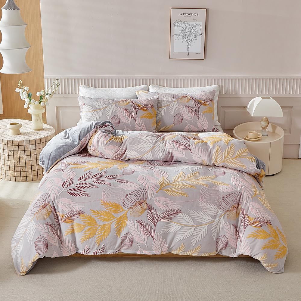 YASMENG Ropa de cama de felpa de 220 x 240 cm, ropa de cama de invierno cálida con diseño de hojas, color rosa, amarillo y gris, ropa de cama de 3 piezas con cremallera y 2 fundas de almohada de 80 x