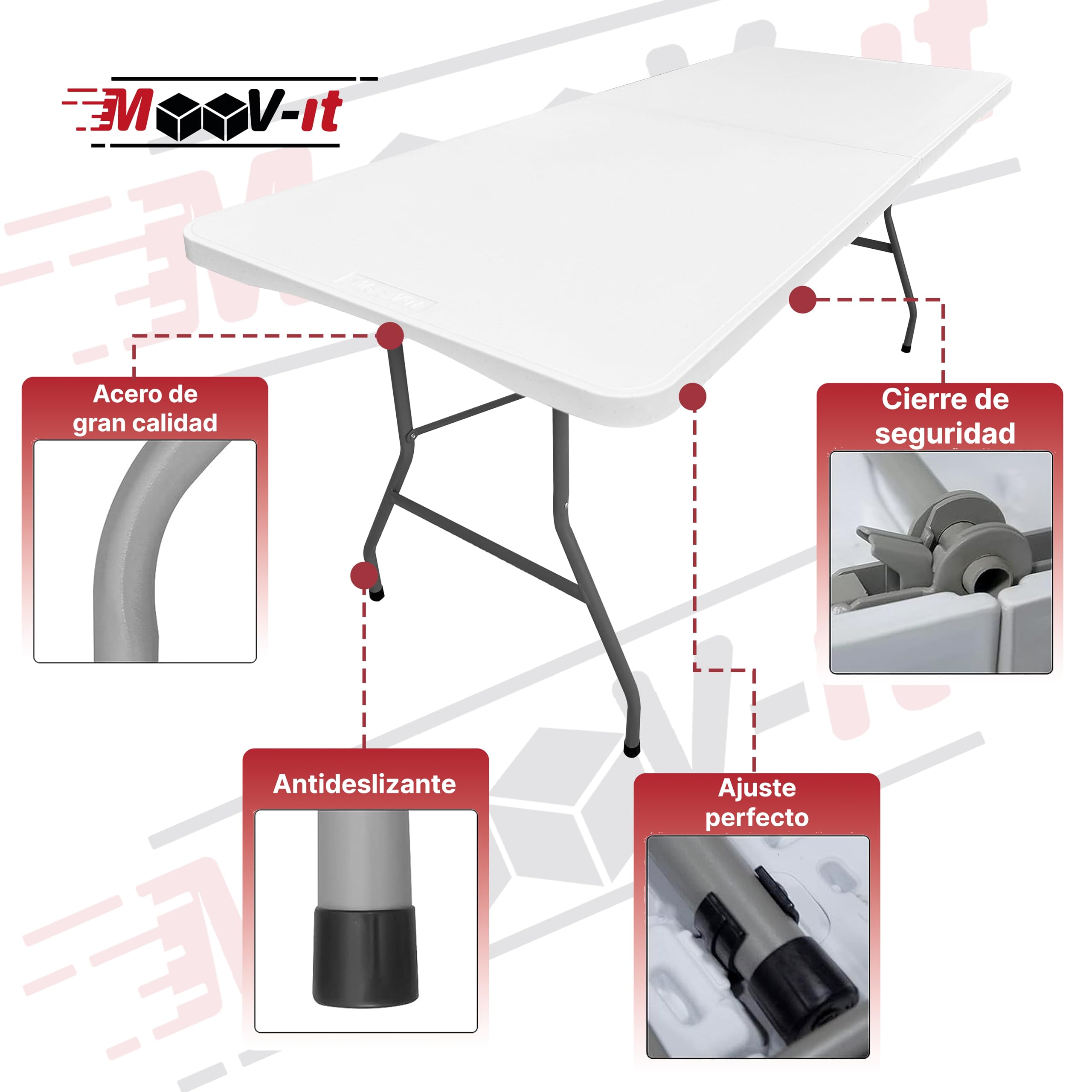 Moov-it (2 Table Pliante Portable 180x70x74cm Blanche Résine+Acier 150kg - 6 Personnes Traiteur Camping Jardin Cuisine - Résistante Mallette Pliage Facile