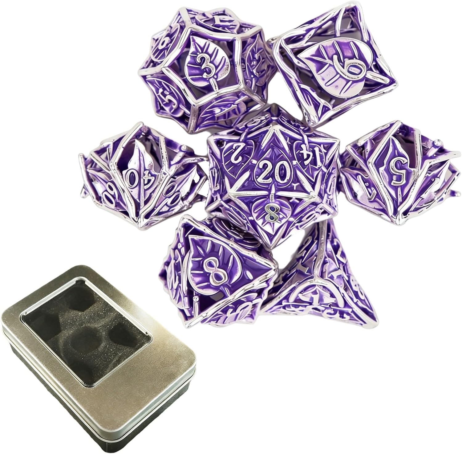 7pcs Leaf Flower Metal Dice, Hollow Metal Polyhedral Dice Set, Compatible with Role-Playing RPG Board Game Card Game(Green)