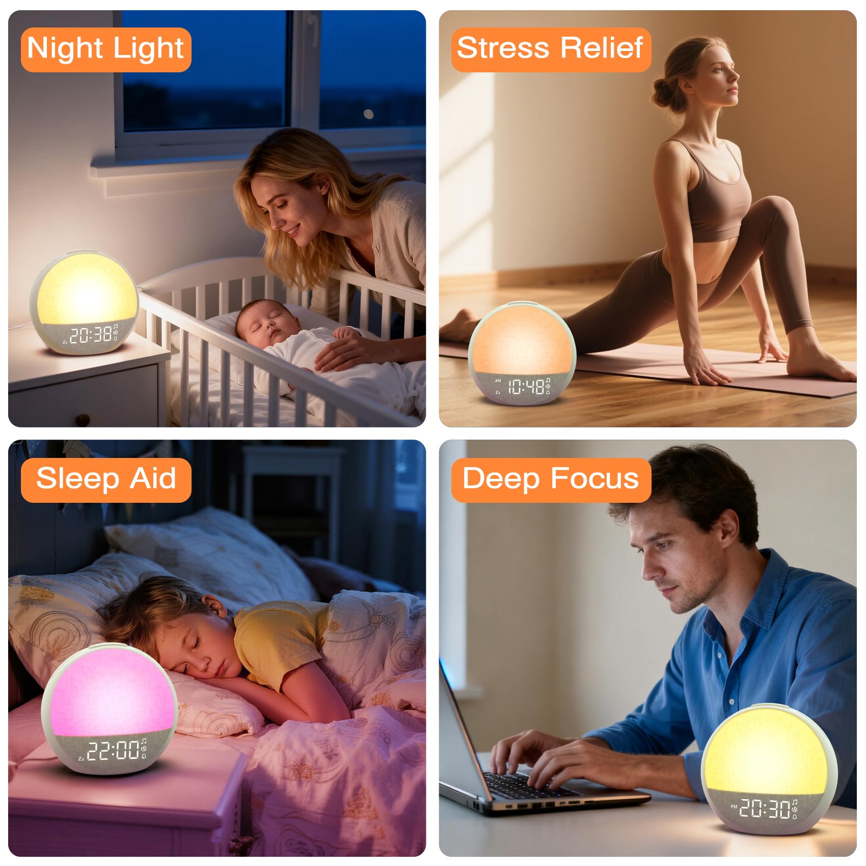 APUZOM Reveil Lumineux Simulateur d'Aube, Eveil Lumière Réveil Matin avec 7 Sonneries, 30 Sons Naturels, Minuteur, Snooze, Lampe de Chevet avec 11 Couleurs Veilleuse, Cadeaux pour Enfant Ado Adulte