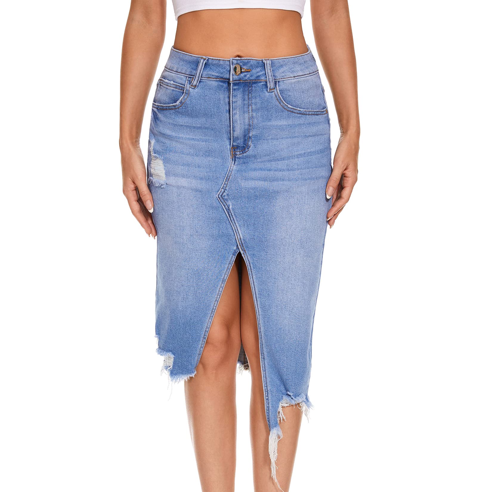 VIPONES Women's High Waist Denim Skirt Casual Raw Hem Frayed Midi Jean Skirts