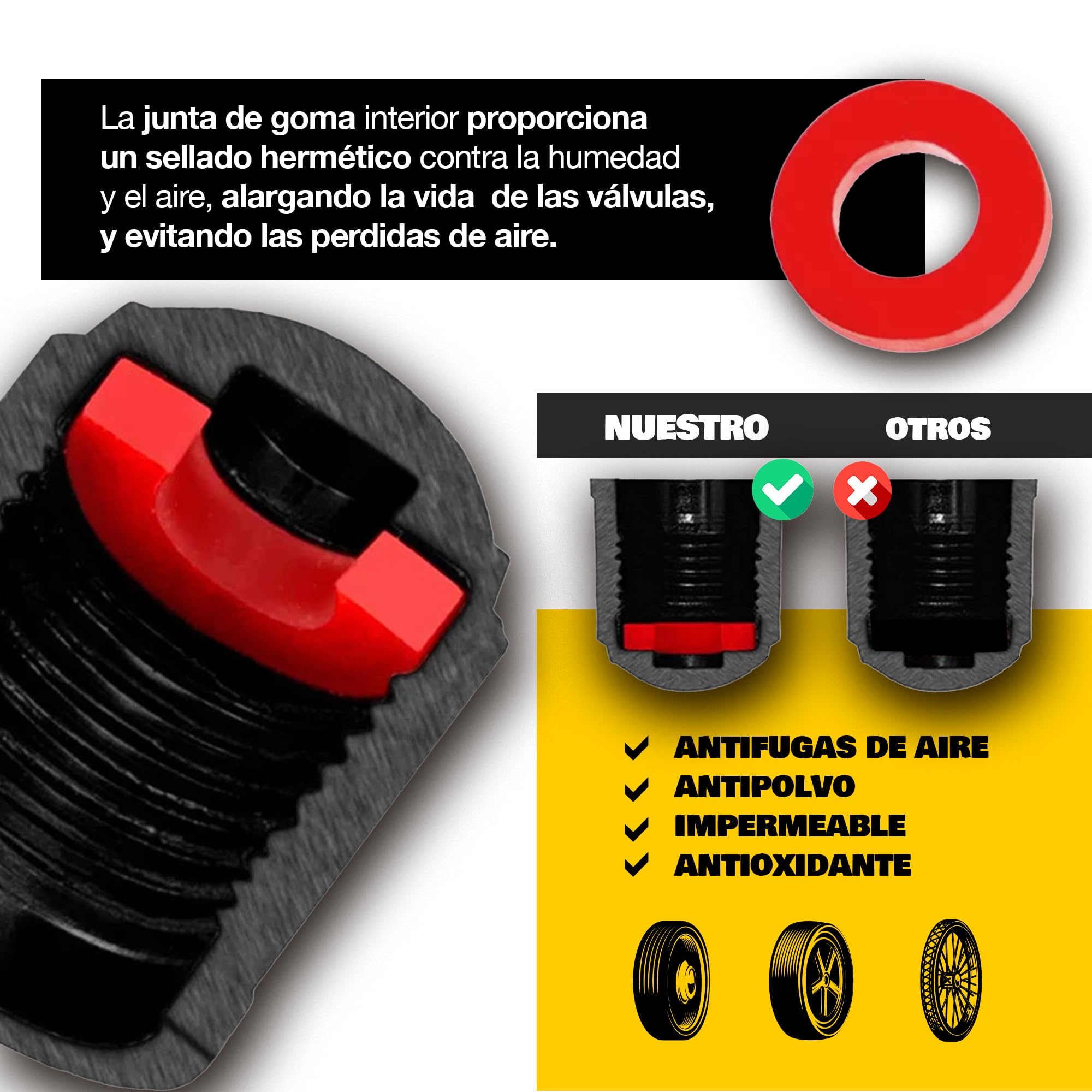 Pack de 8 Tapones de Neumaticos + 2 de Regalo con Anillo de Seguridad para Mantener la Presión, 10 Tapones Rueda Coche, Tapones de Válvulas Universales de Coche, Moto, Bicicleta,Patinete Electrico — view 4