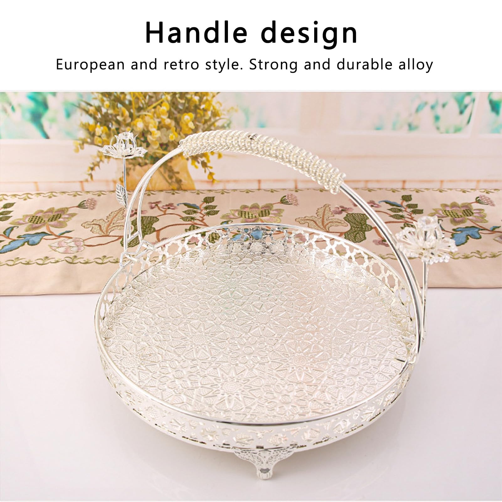 Fruit Tray, Serving Platter Round Shape Widely Used Carved Pattern Large Capacity Retro Style for Cafe Bar (Silver Color Meduim Size) - Image 3