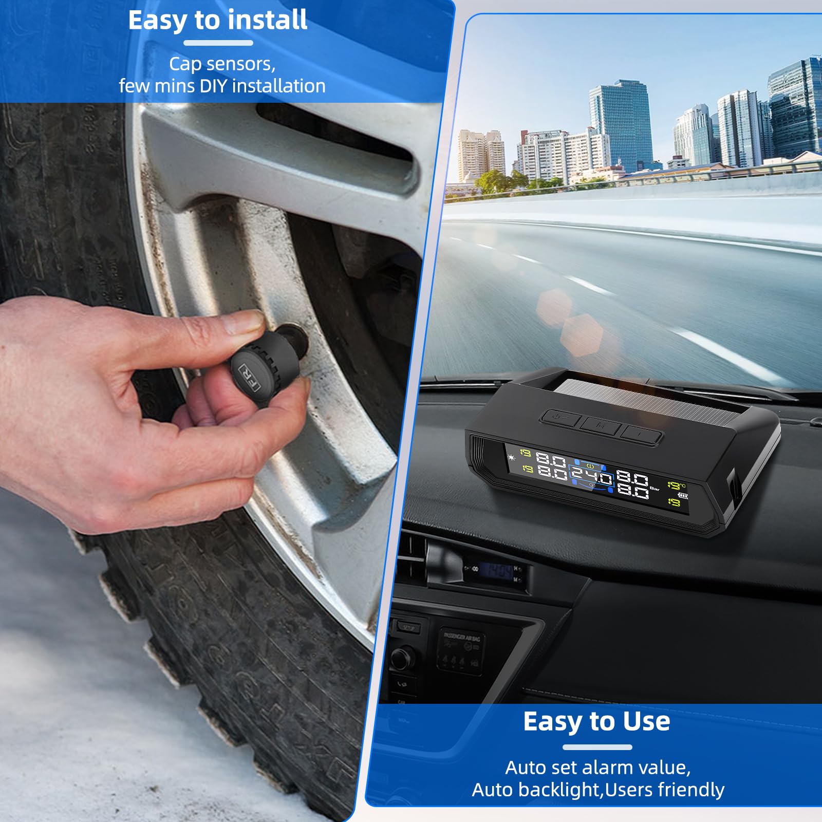 Sistema di controllo della pressione dei pneumatici 0-72 PSI 0-5 Bar TPMS con energia solare e USB, 4 sensori di pressione dei pneumatici esterni per la pressione dei pneumatici, universale