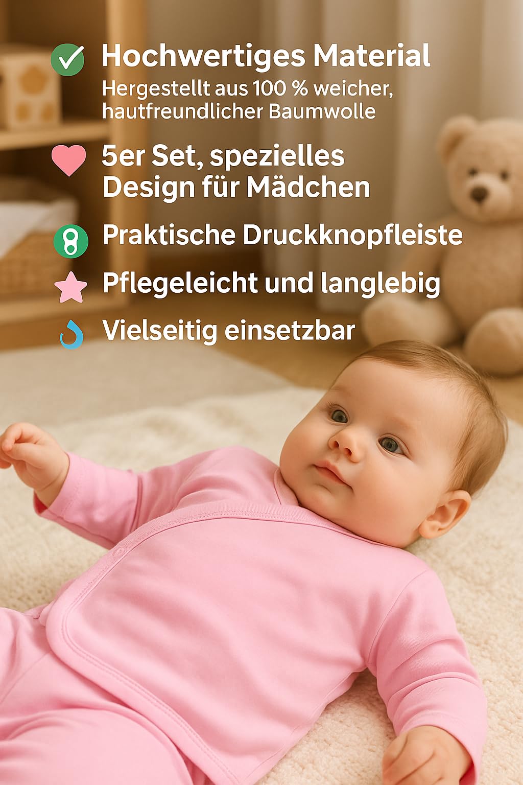 LOREZA® Lot de 5 Chemises Cache-cœur à Manches Longues pour Fille – 100% Coton – Gilet bébé