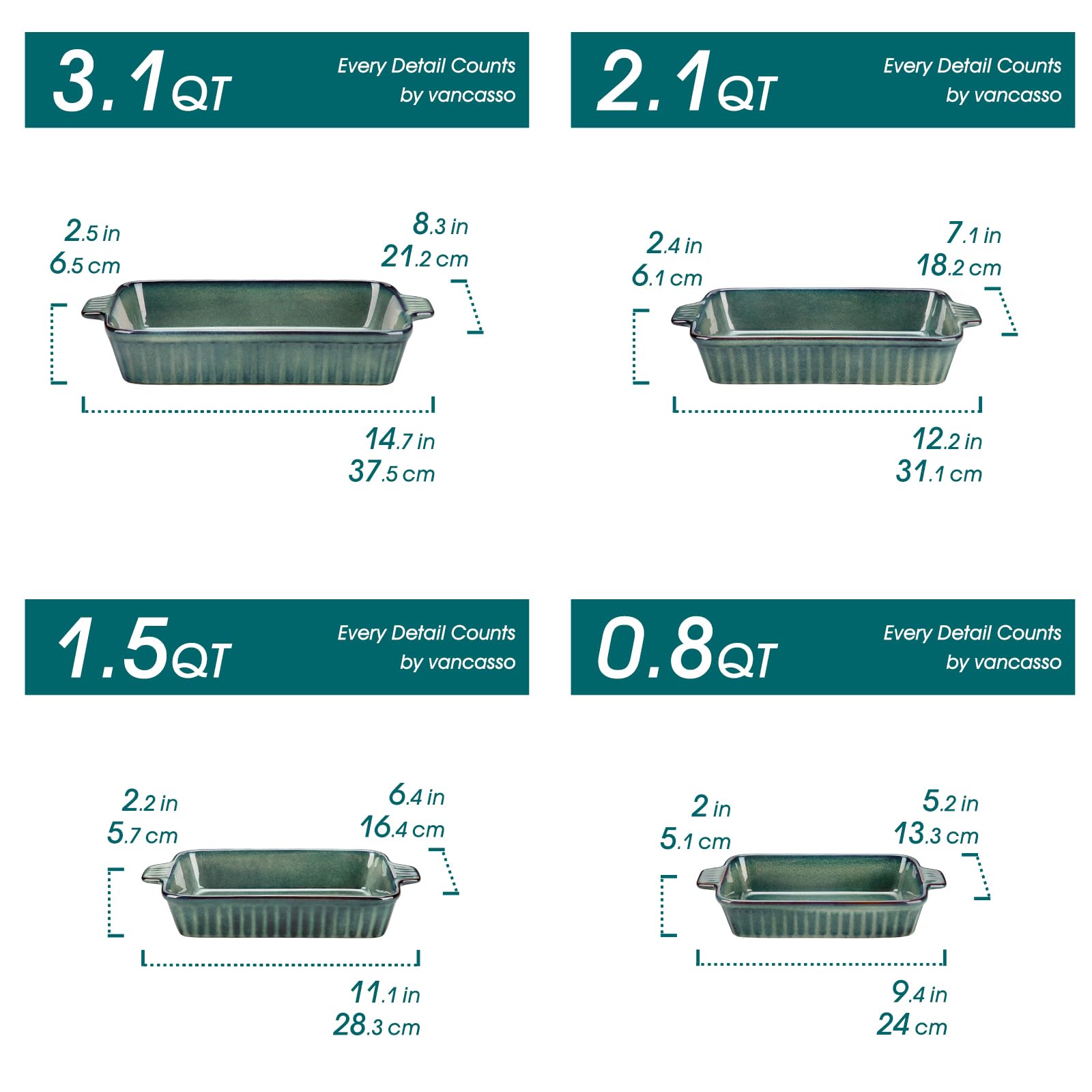 vancasso Auflaufform, 4-teilig Set Auflaufform Groß & Klein (37, 30, 28, 24 cm), Lasagne Auflaufform Rechteckig mit Griffen, Baking Dish aus Steingut Ofen & Spülmaschinenfest, Grün