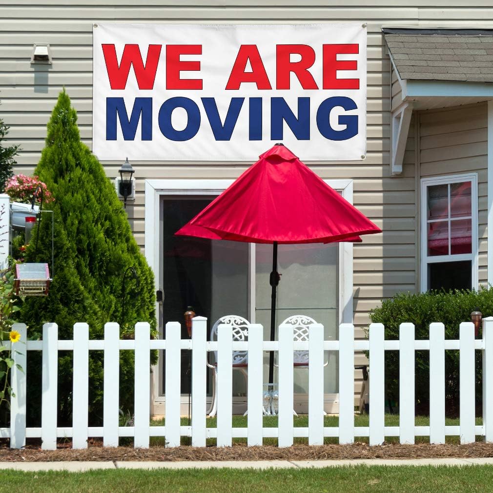 Vinyl Banner Multiple Sizes We Are Moving Red Blue Business Outdoor Weatherproof Industrial Yard Signs 4 Grommets 16x40Inches