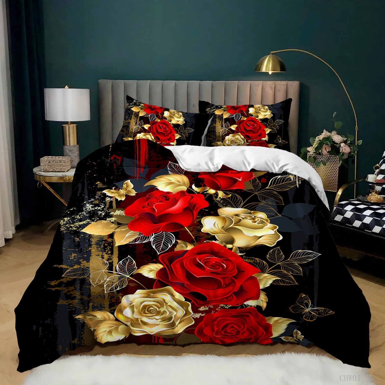 AILONEN Girls Duvet Cover Set, Red and Gold Flower Comforter Cover Set, Romantic Botanical Flower Duvet Cover, Black White Striped Rose Duvet Cover with 2 Pillowcases, 3 Pieces