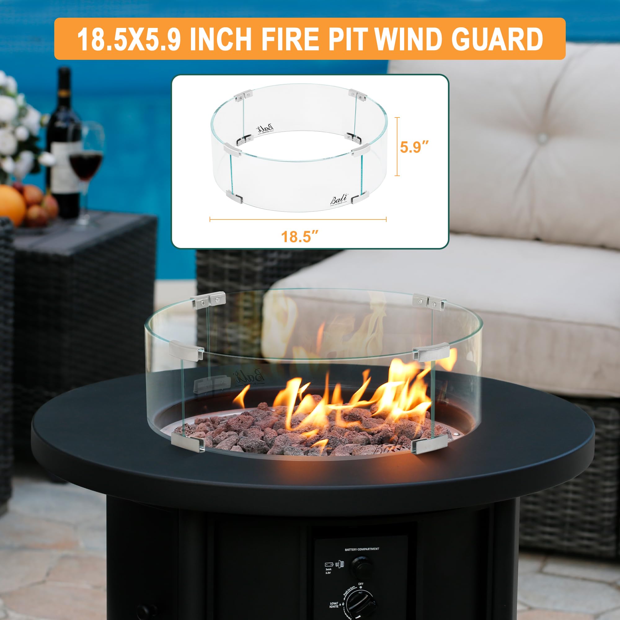 BALI OUTDOORS Fire Pit Wind Guard, 18.5 x 18.5 x6 Inch Clear Tempered Glass Flame Guard with Hard Aluminum Corner Brackets, Fits for Round Outdoor Fire Pit