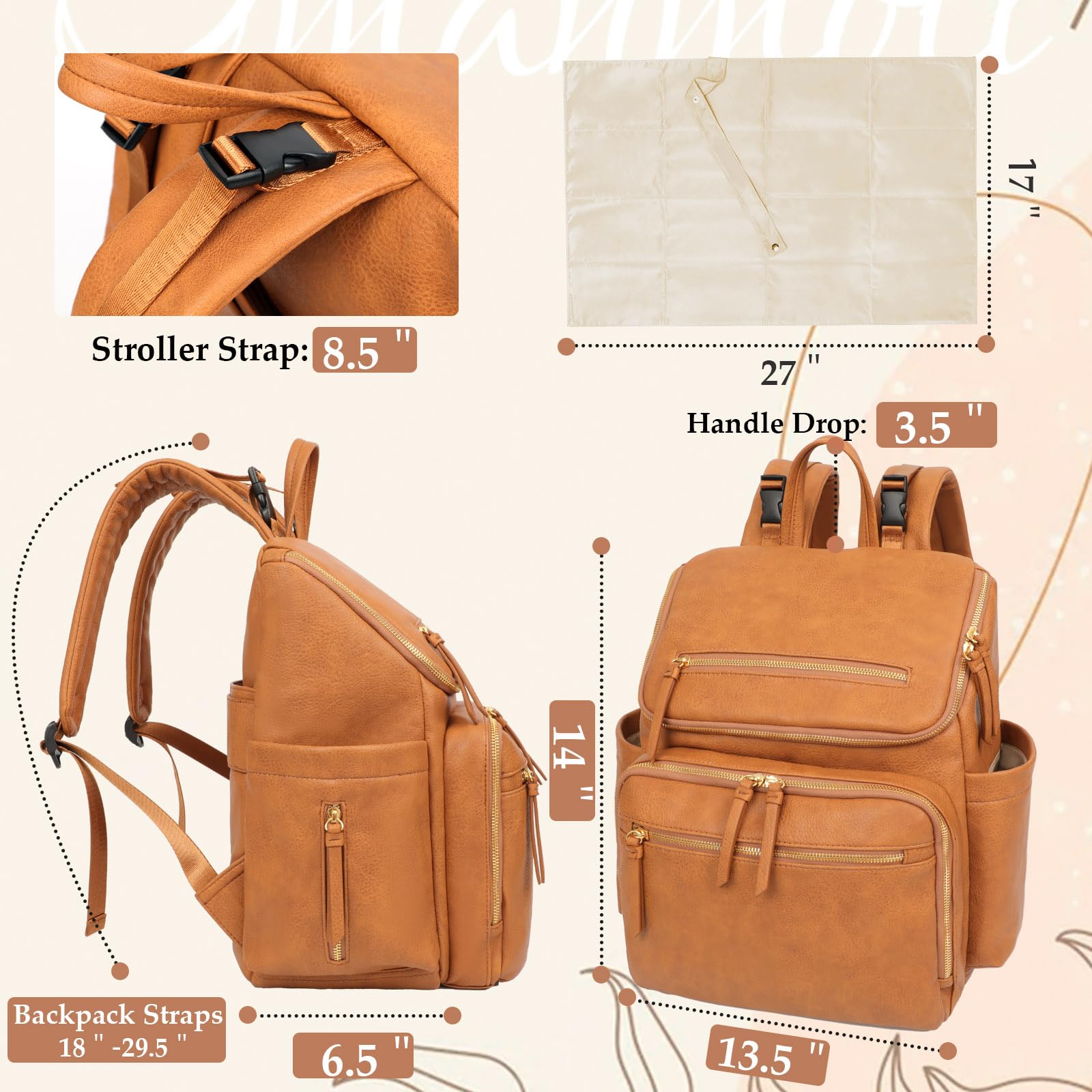 Omanmoli Mochila para Pañales de Piel para Bebes con 17 Bolsas Organizadoras para Pañales, Cambiador, Correas para Cochecito, 4 Bolsillos Aislados, Miel
